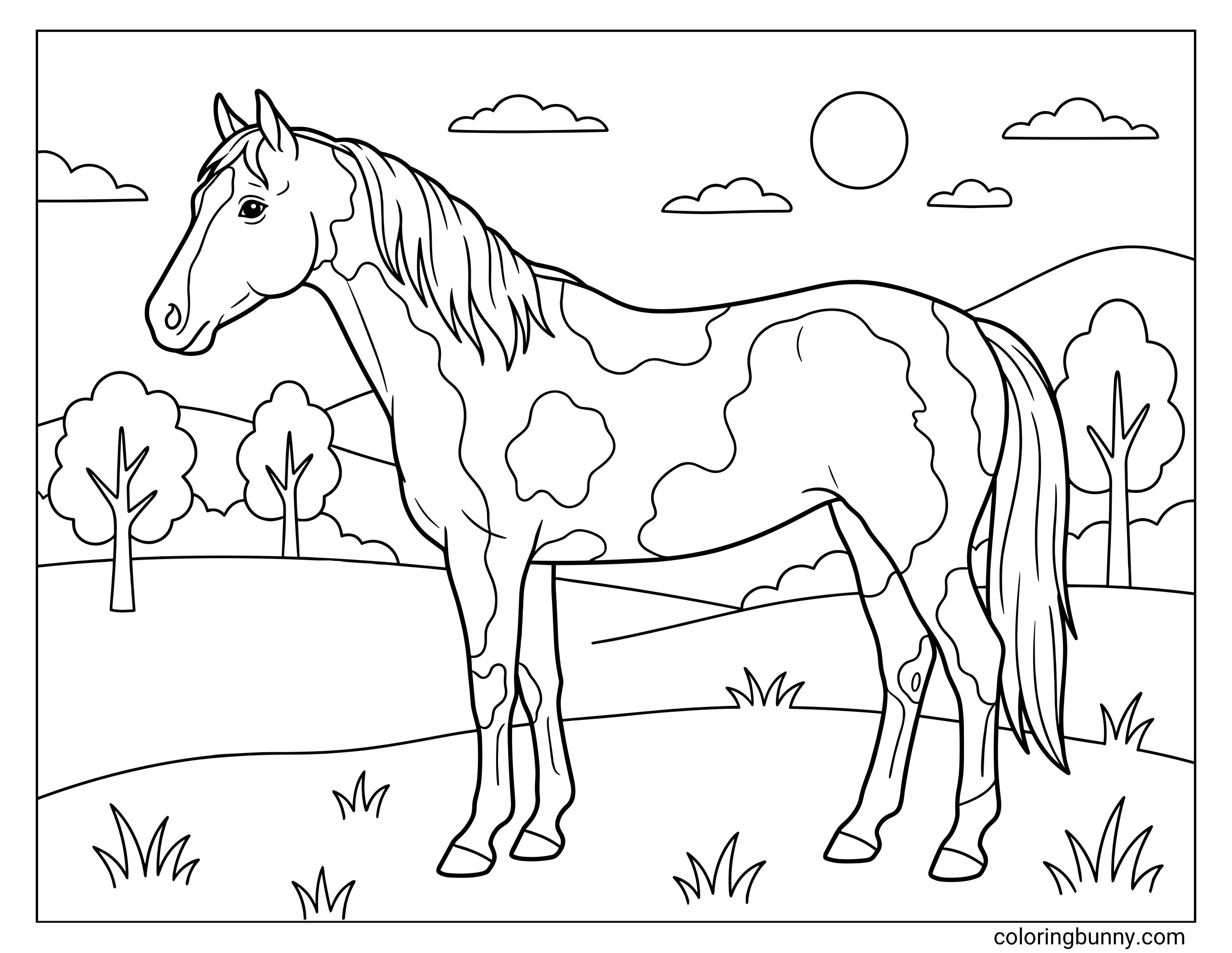 Coloring page of a simple pinto horse standing in a grassy field with trees, rolling hills, and a bright sun in the sky.