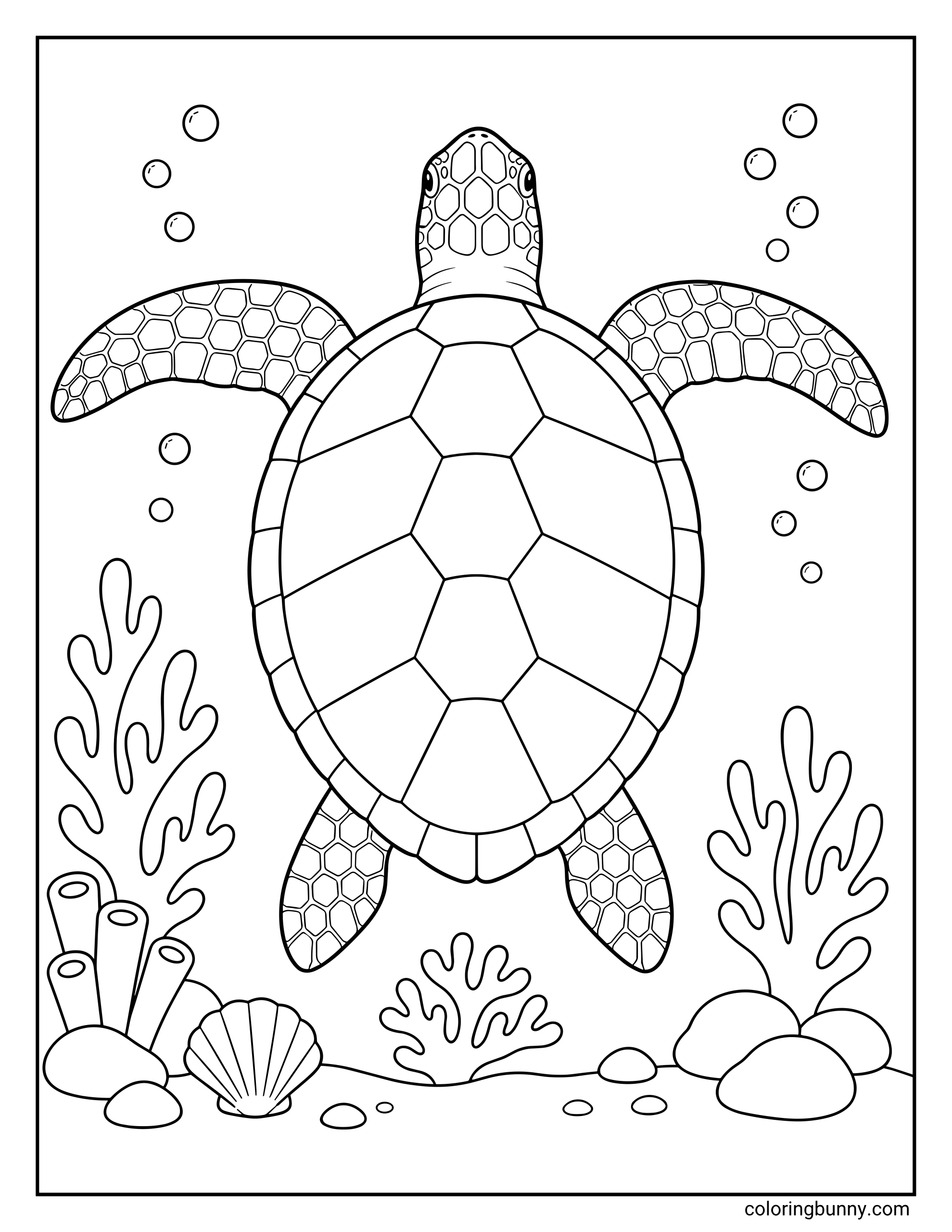 A coloring page of a turtle swimming underwater while gliding peacefully over a vibrant coral reef. The scene features detailed patterns on the turtle's shell and flippers, surrounded by sea plants, a seashell, and rising bubbles.