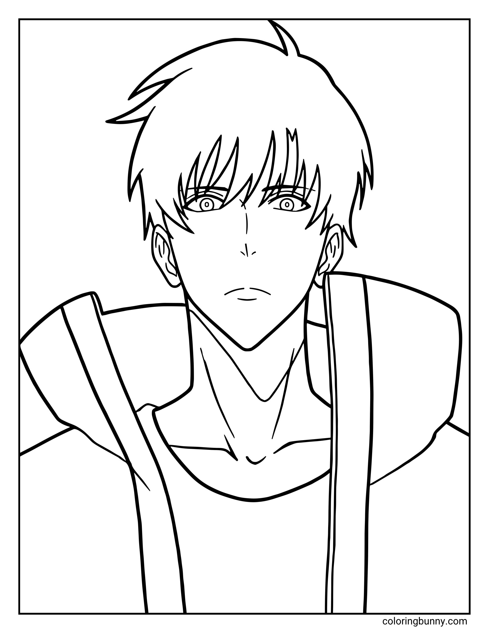 A simple coloring page of Sung Jinwoo from the Solo Leveling anime, featuring a close-up of his focused expression and messy hair.