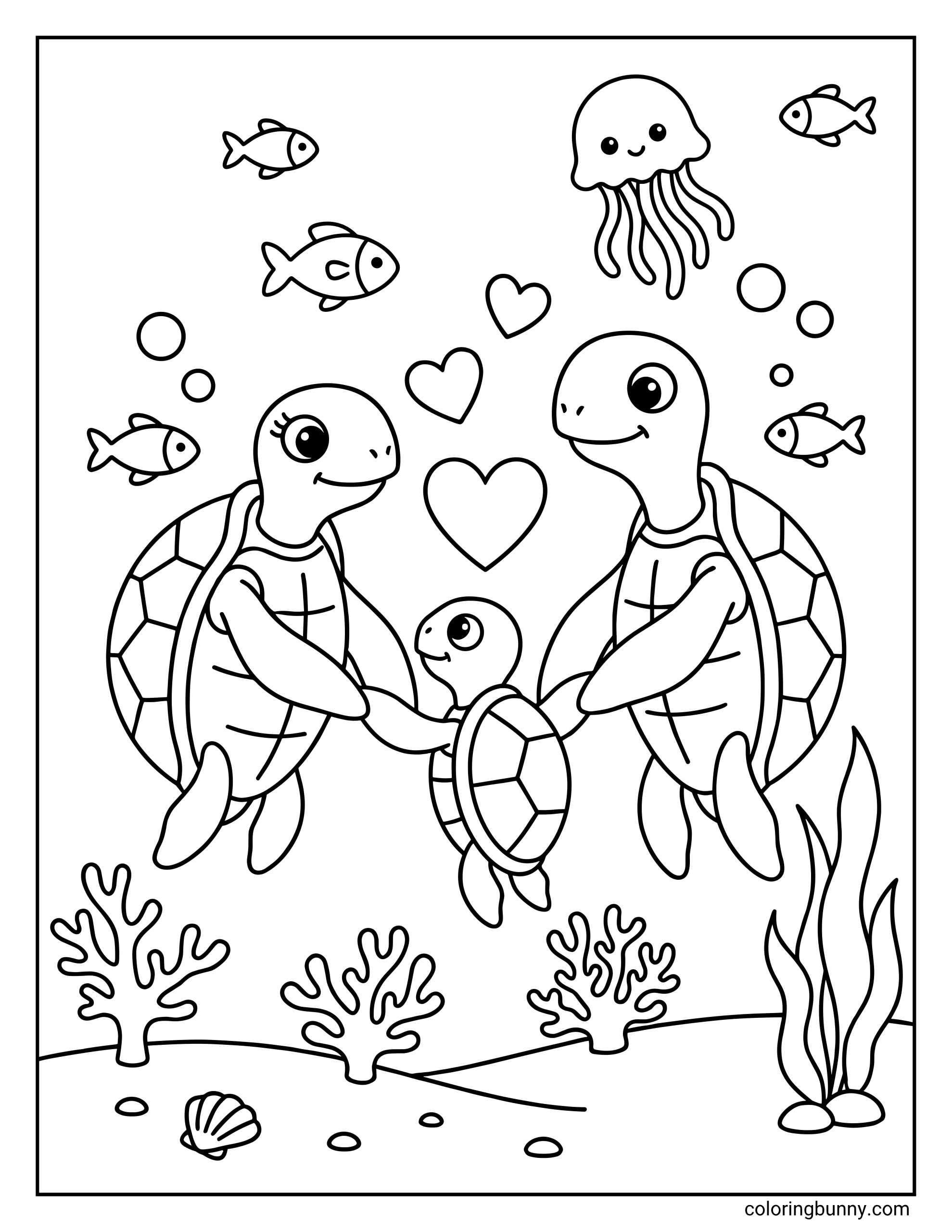 A cute coloring page of a turtle family swimming underwater while holding hands and surrounded by floating hearts. The scene includes a jellyfish, several small fish, and various sea plants on the sandy ocean floor.
