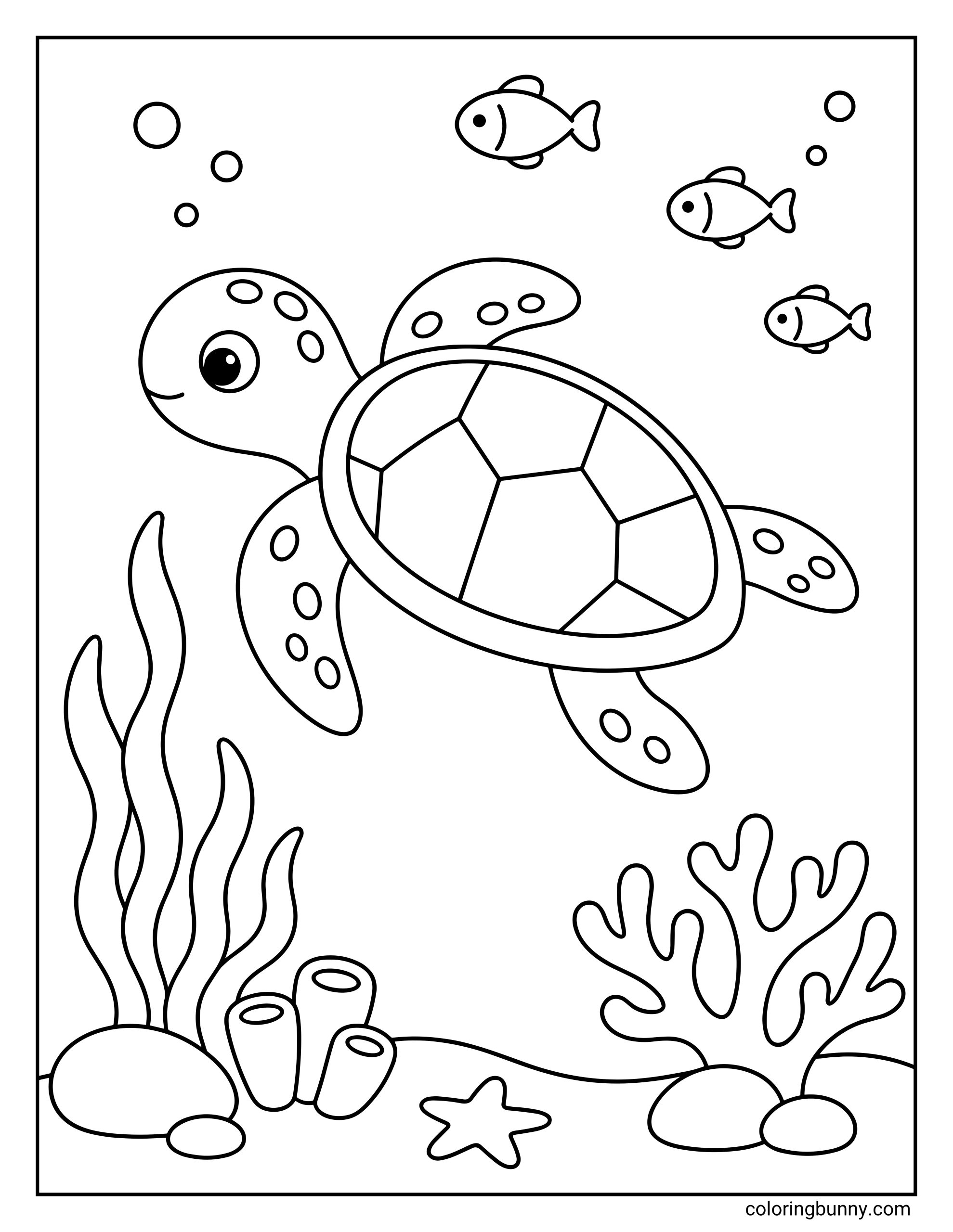 A simple coloring page of a turtle swimming underwater while exploring a lively coral reef. The scene features three small fish, rising bubbles, a starfish, and various aquatic plants like seaweed and sea sponges.