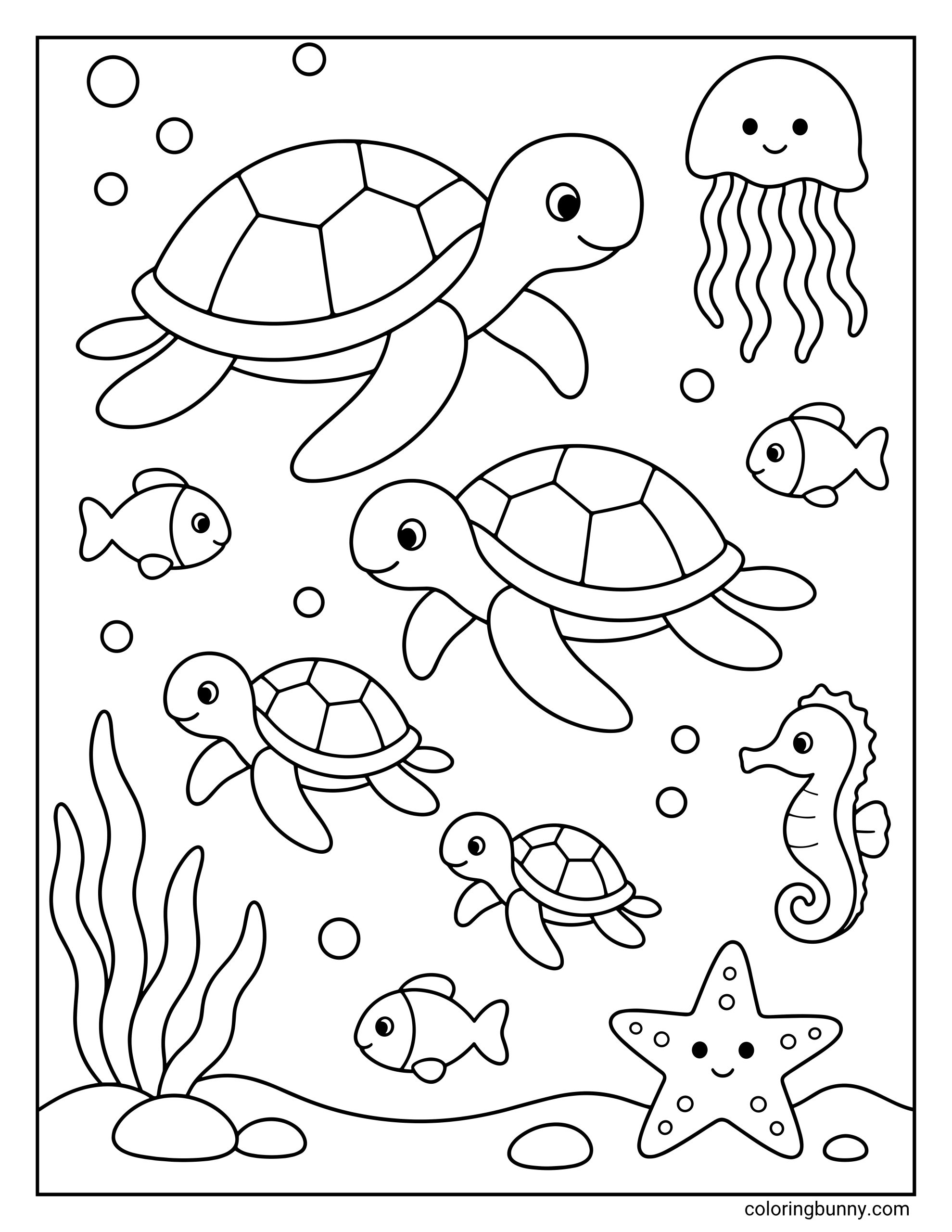 A cute coloring page of turtles swimming underwater together alongside their aquatic friends. The scene features four turtles of different sizes, a jellyfish, a seahorse, three small fish, and a starfish on the ocean floor.