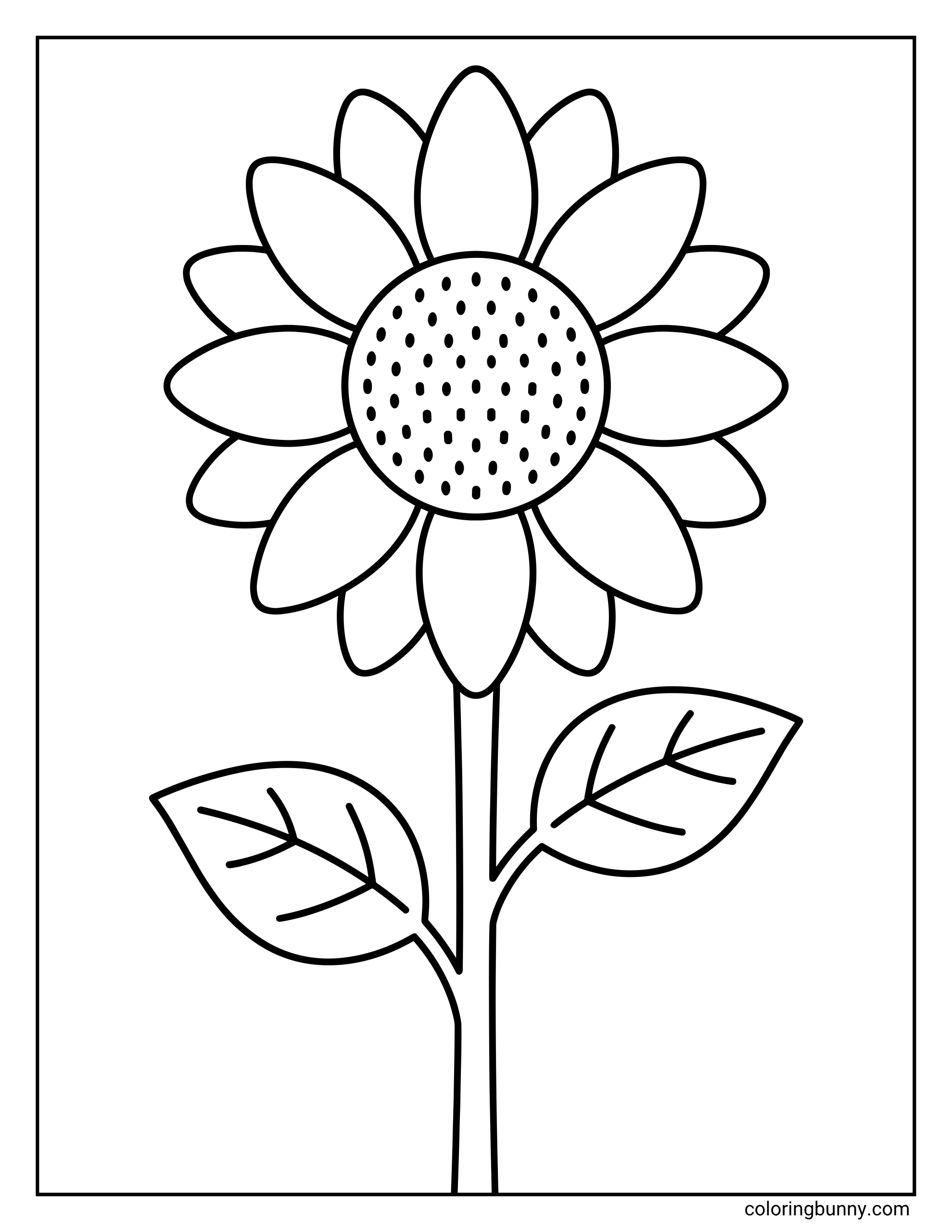An easy sunflower coloring page with one tall sunflower filling most of the page. The flower has a large dotted center, smooth petals, a long stem, and two simple leaves.