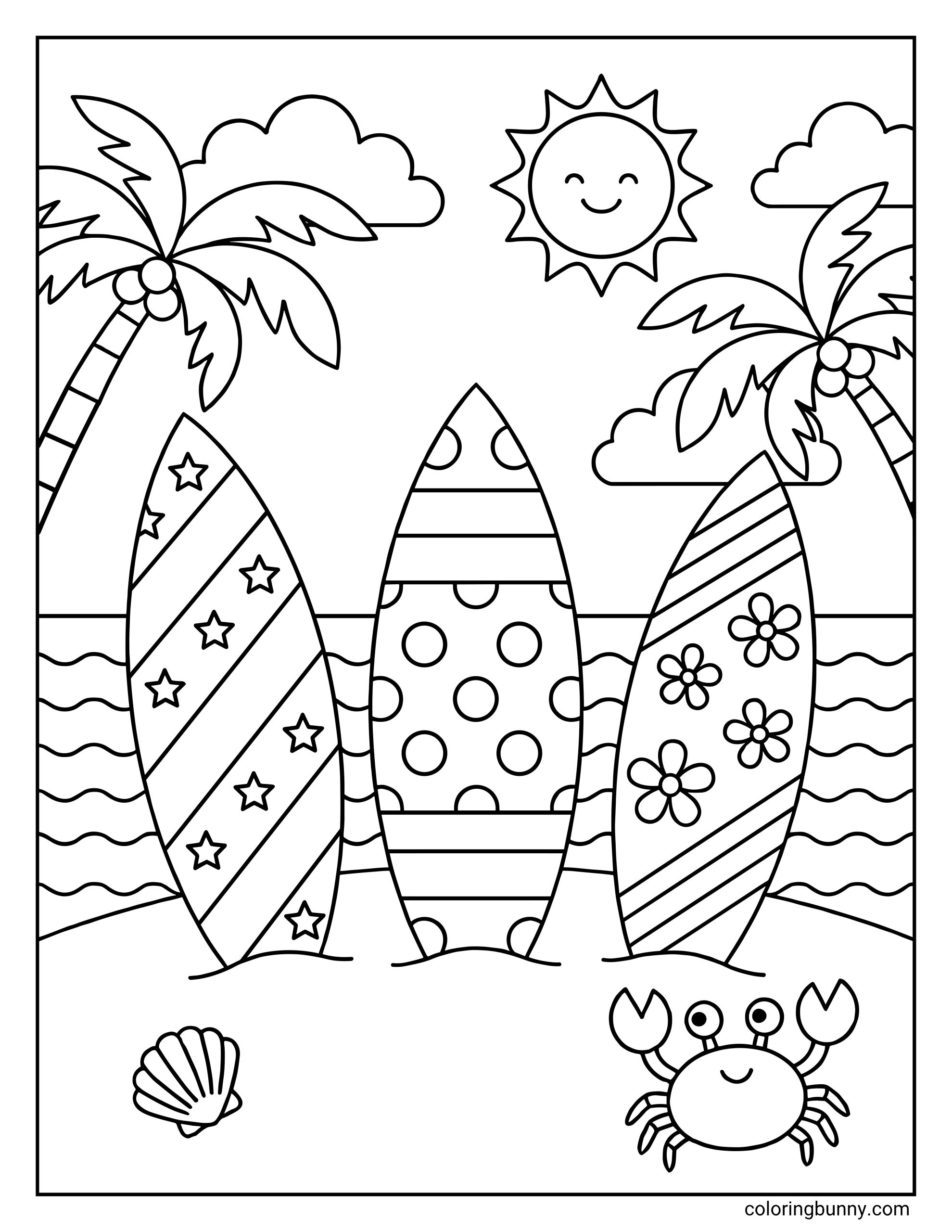 An easy beach coloring page with three surfboards standing side by side in the sand. The surfboards each have different decorative patterns, including stars, polka dots, and flowers. The scene also includes two palm trees, a smiling sun, clouds, and simple ocean wave lines. A shell rests on the sand while a friendly crab raises its claws.
