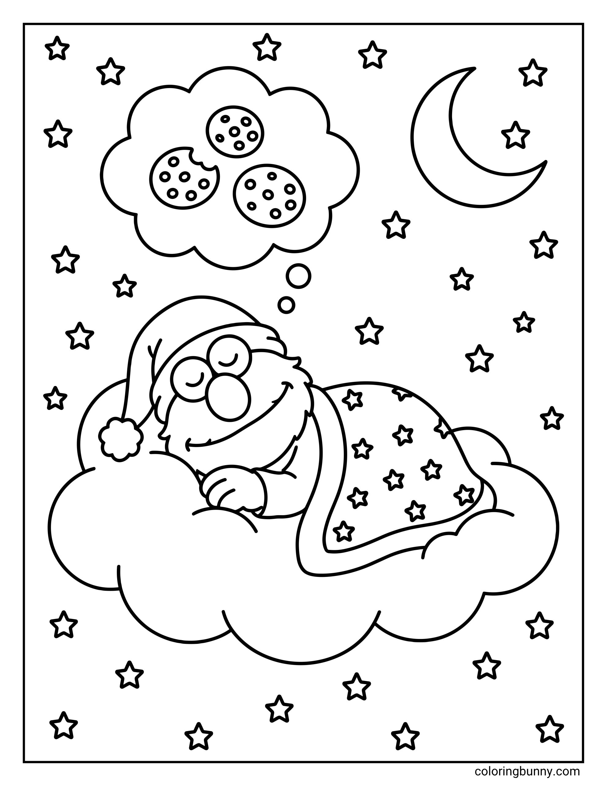 Elmo coloring page featuring the furry monster fast asleep on a fluffy cloud in his nightcap. He is tucked under a star-patterned blanket while dreaming about yummy chocolate chip cookies under a beautiful crescent moon and starry night sky.