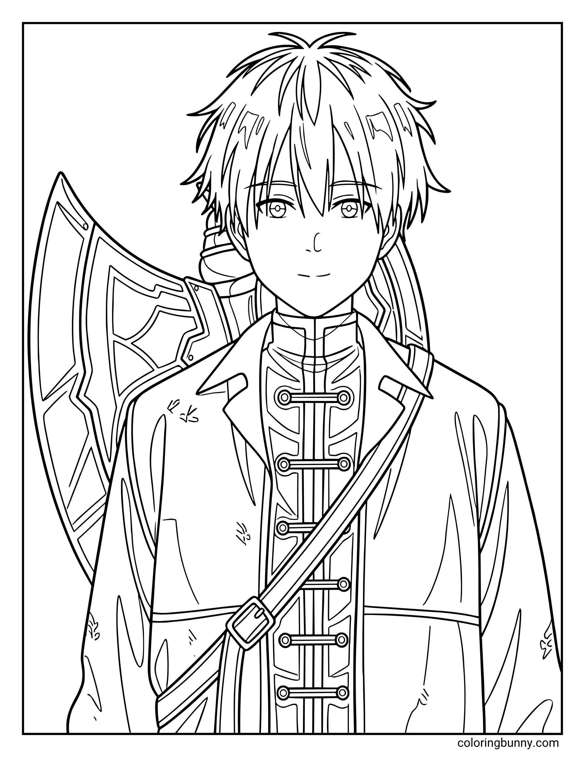 A coloring page of Stark from Frieren: Beyond Journey's End showing the young warrior with his messy, spiky hair and his massive signature axe slung over his shoulder. The design details his warrior's tunic with its unique fastenings and the leather strap of his axe.