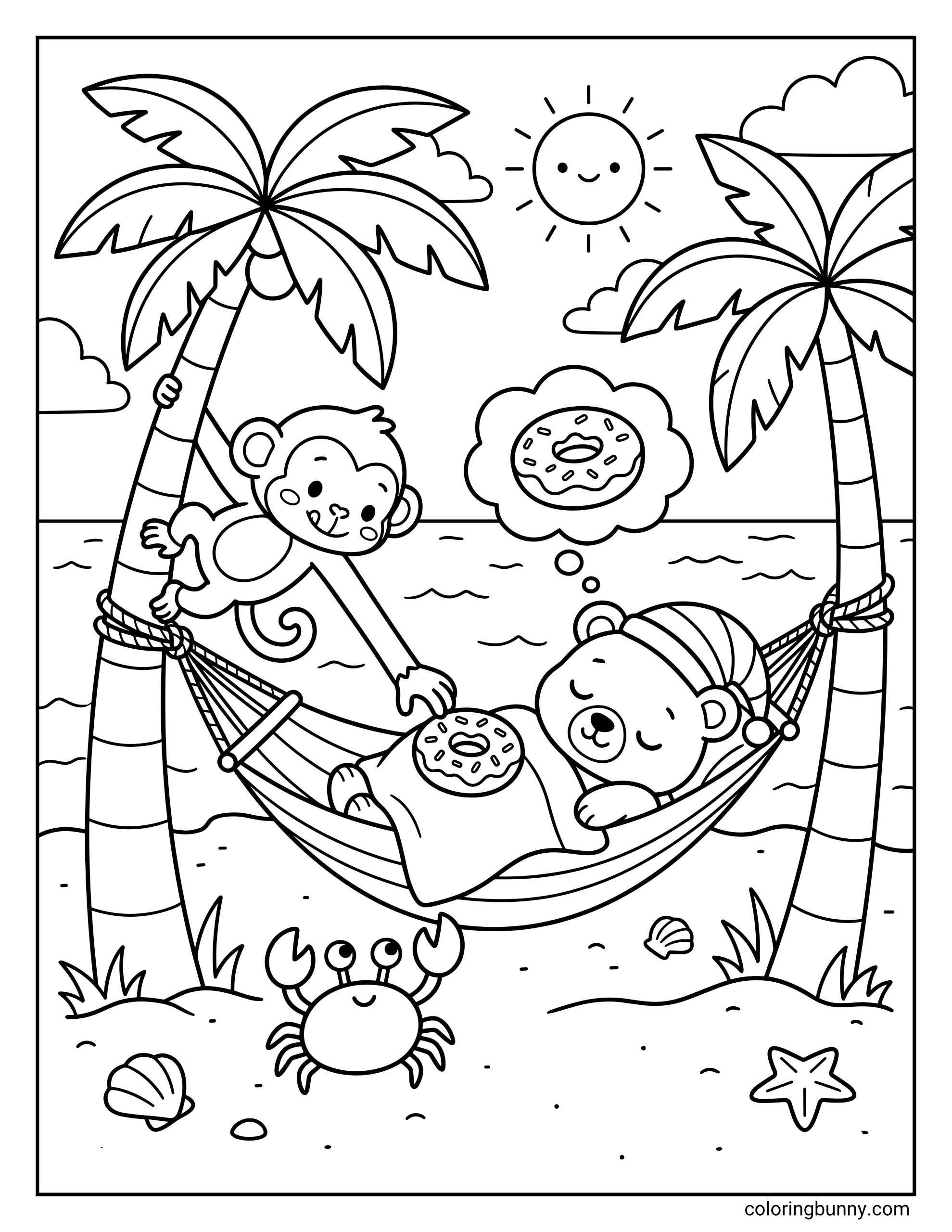 Beach summer coloring page featuring a sleeping bear in a hammock wearing a nightcap with a sprinkled donut on its stomach dreaming of donuts in a thought bubble while a mischievous monkey hangs from a palm tree reaching to steal the snack over a sandy shore with a happy crab seashells a starfish and a smiling sun