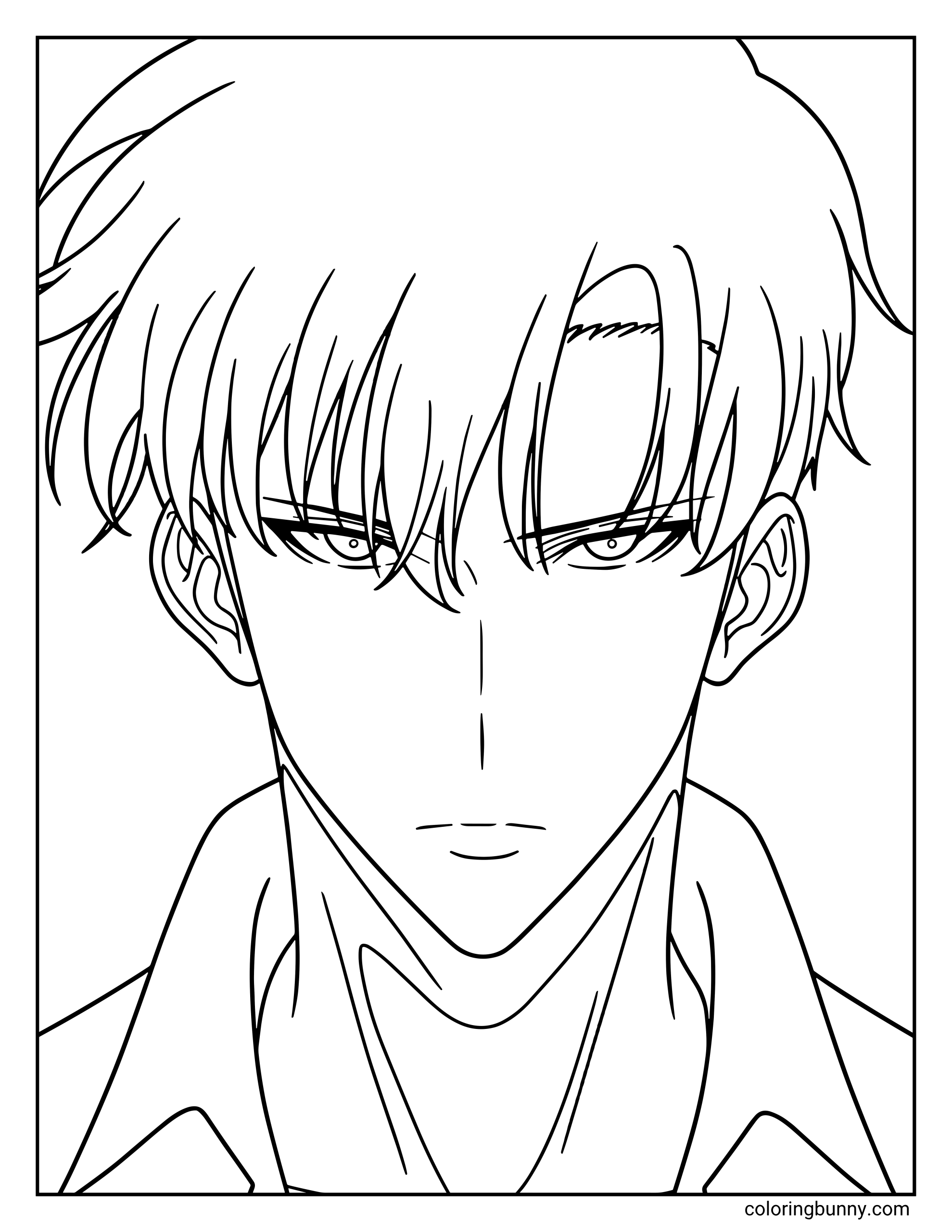 A coloring page featuring a close-up of Sung Jinwoo’s face from Solo Leveling, highlighting his sharp, intense eyes and iconic hairstyle. This design focuses on his post-awakening character design, showcasing the cold and determined expression of the world's strongest hunter.