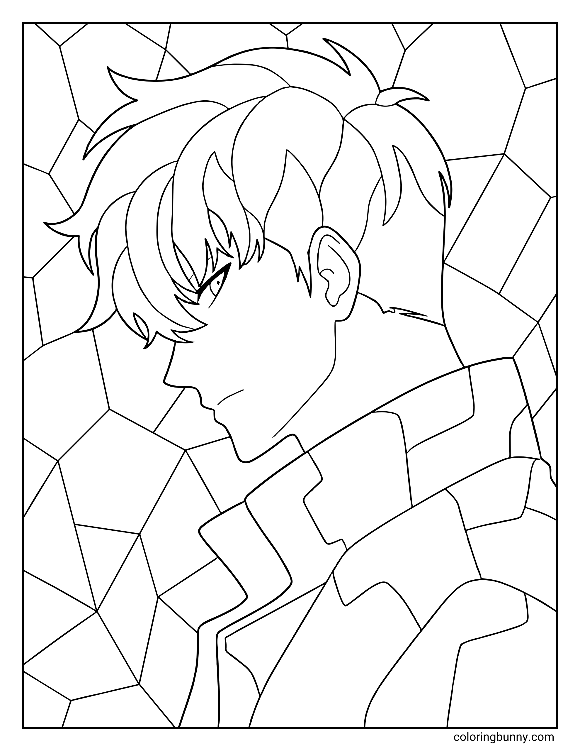 A geometric coloring page of Sung Jinwoo from Solo Leveling, showing his profile against a mosaic-style background of sharp, angular fragments.