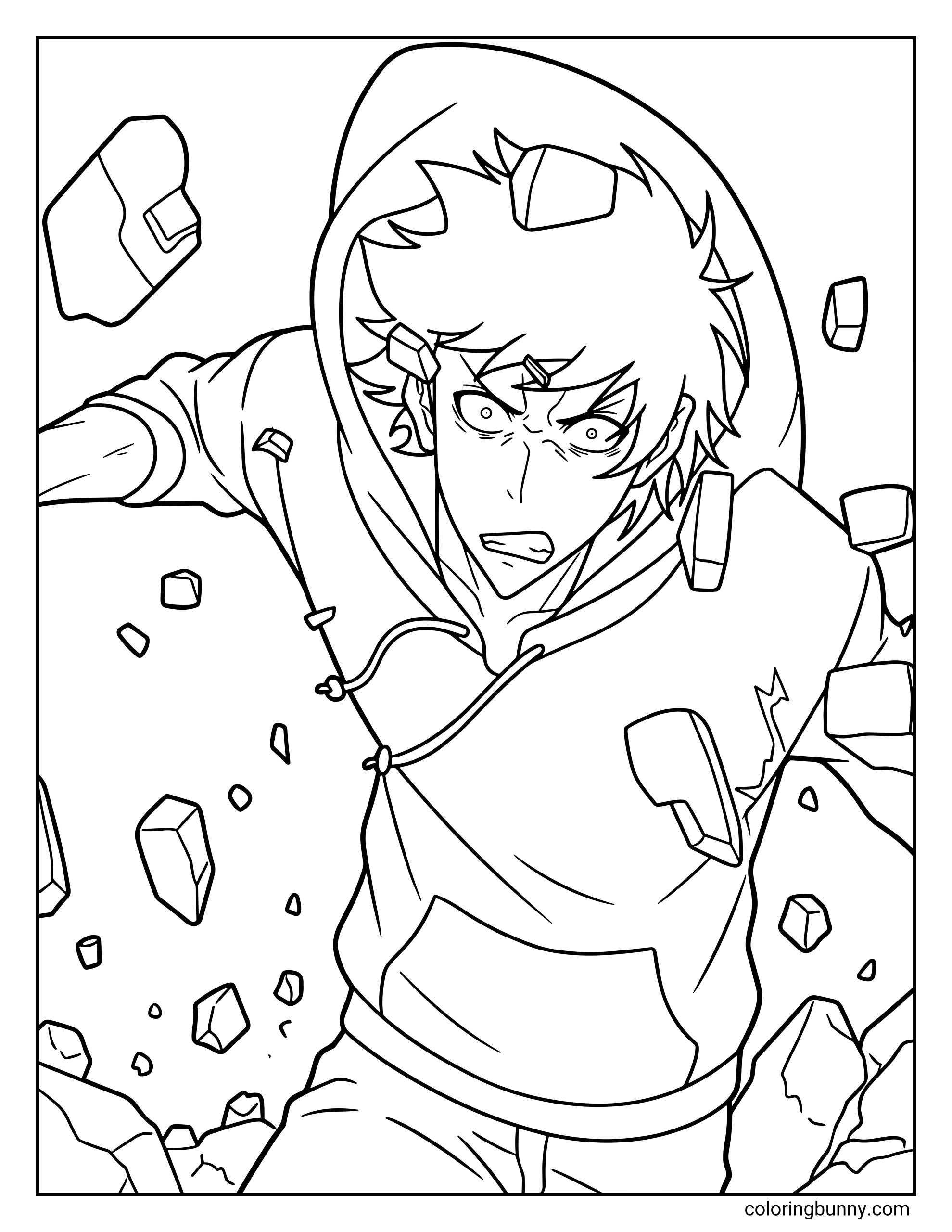 A dynamic coloring page of Sung Jinwoo in action from the Solo Leveling anime, showing him mid-combat while debris flies through the air. This design captures his intense battle expression and hooded outfit.