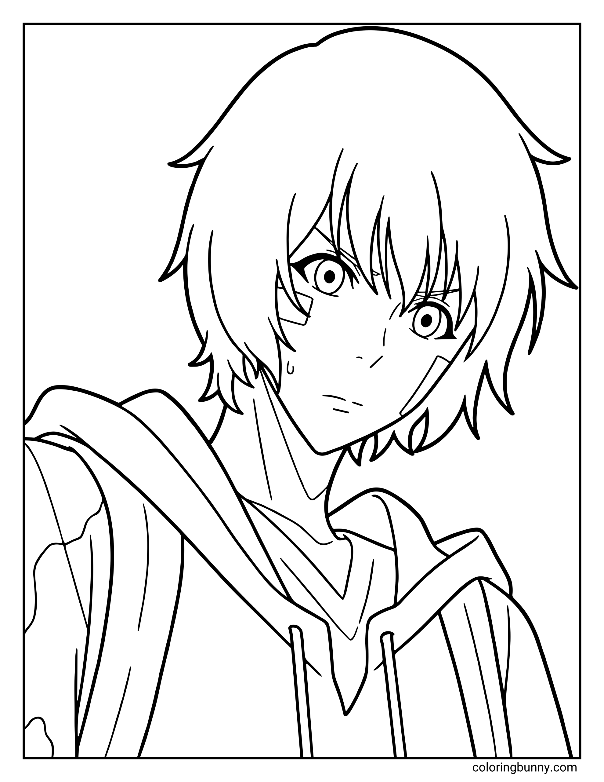 A coloring page of Sung Jinwoo from Season 1 of Solo Leveling, capturing his look as the "World's Weakest Hunter". This design shows his wide-eyed, nervous expression from early in the anime before his dramatic transformation.