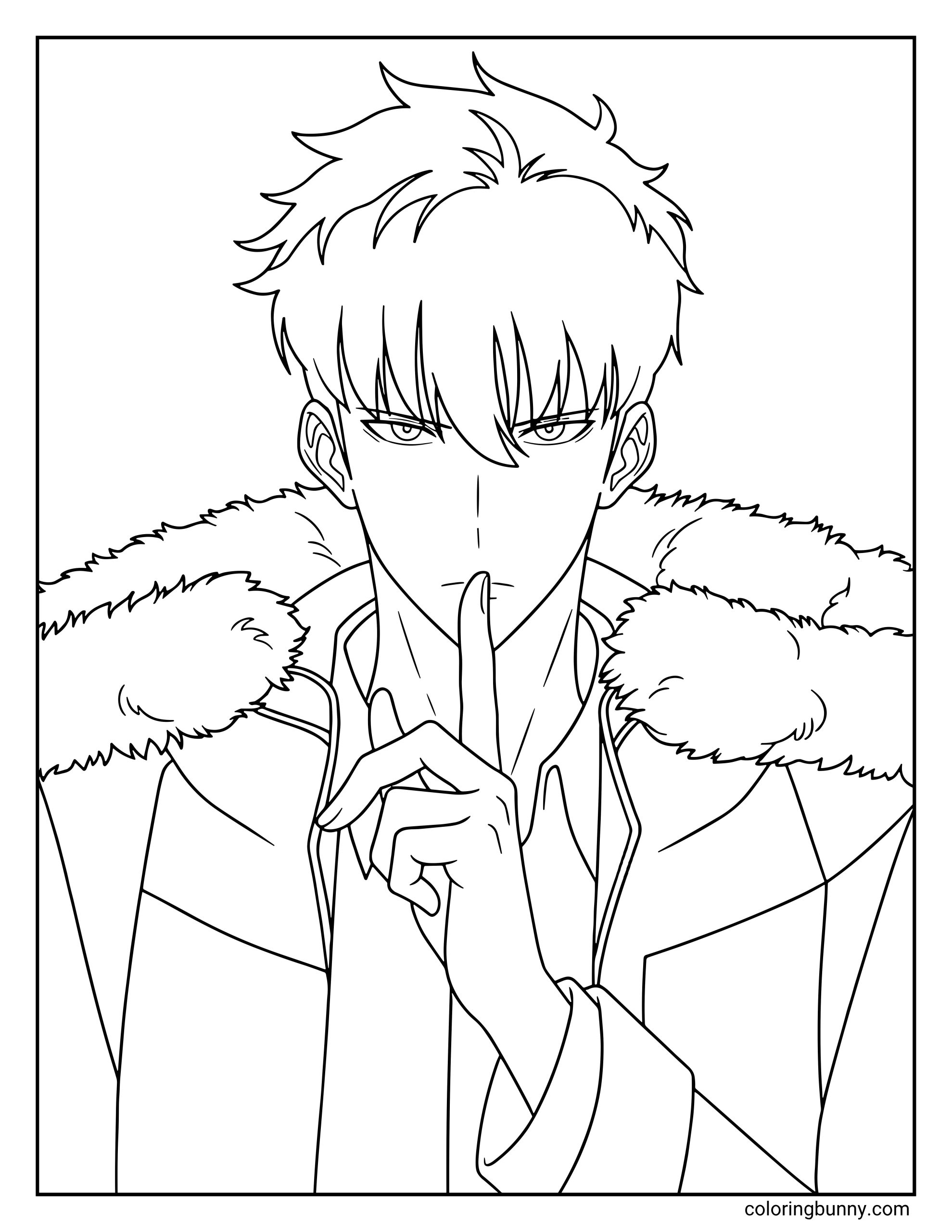 A coloring page of Sung Jinwoo from Season 2 of Solo Leveling, featuring the protagonist in his fur-lined winter coat with a finger to his lips in a "hush" gesture. This design captures his evolved, sharper character design and intense gaze.