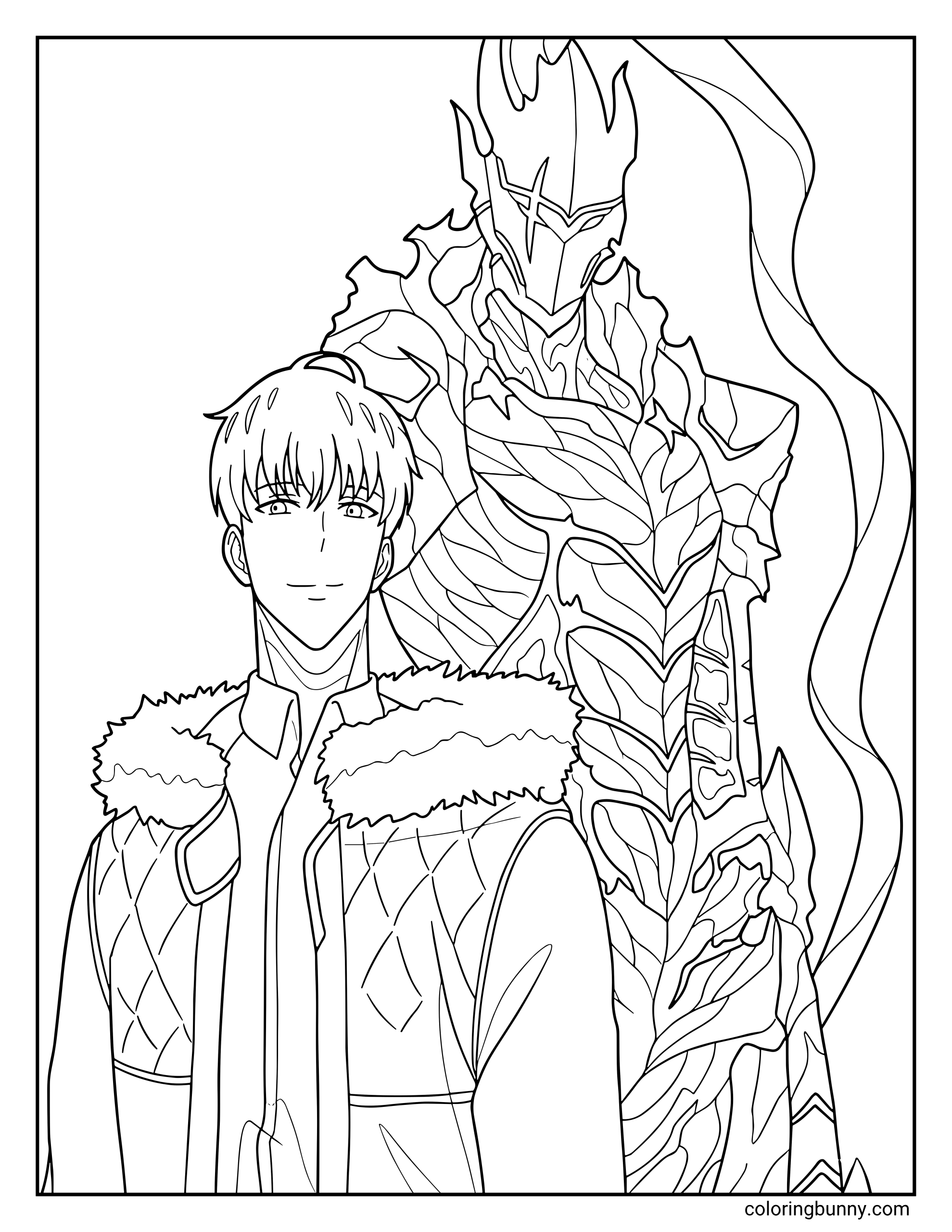 A coloring page featuring Sung Jinwoo and Igris in his shadow form, standing side-by-side as a formidable duo from Solo Leveling. This design showcases Jin-woo in a fur-lined winter jacket next to the intricate, wispy armor of his most loyal shadow knight.