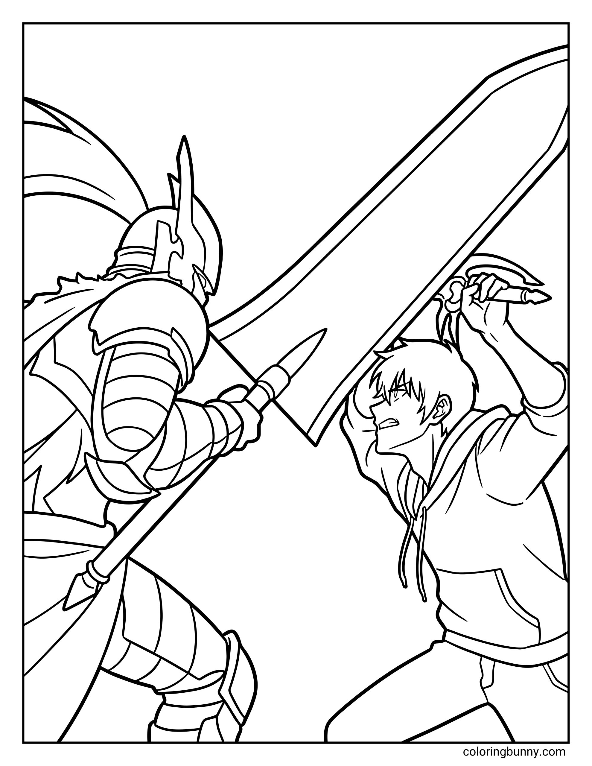 A coloring page of Sung Jinwoo vs Igris from Solo Leveling, capturing the high-stakes moment Jin-woo blocks a massive sword strike. This design showcases the epic power struggle between the protagonist and the Bloodred Commander during their legendary throne room duel.