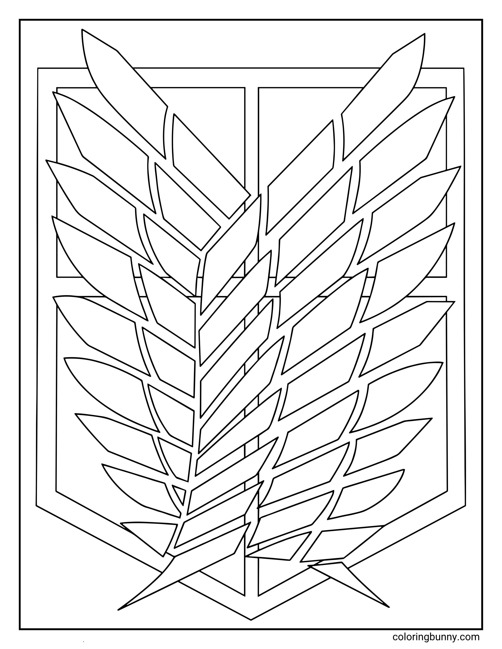 A coloring page of the Survey Corps insignia from the Attack on Titan anime, featuring the "Wings of Freedom" emblem set against a shield backdrop.