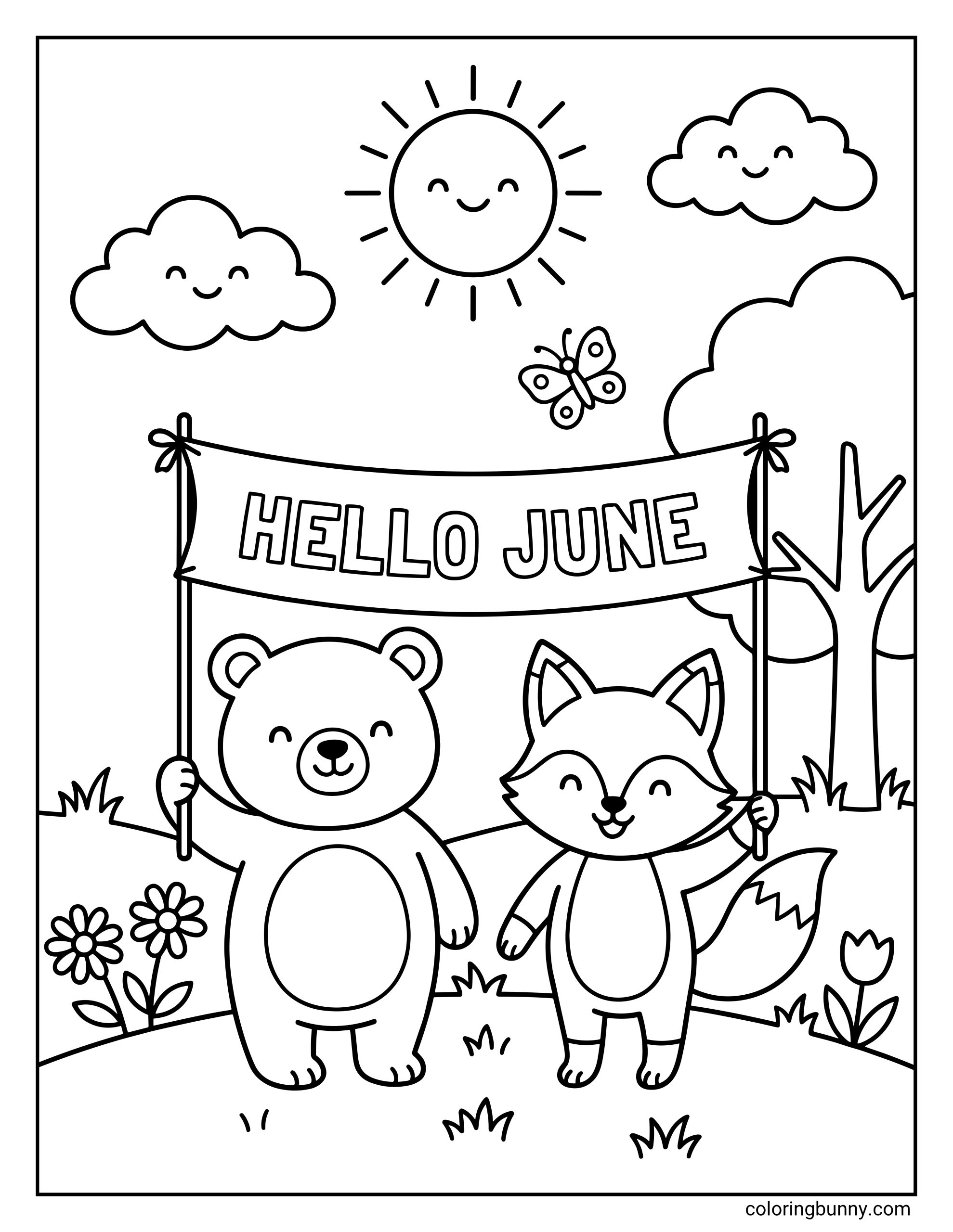 A printable Hello June coloring page featuring a cute bear and fox holding a banner in an outdoor scene. The banner has large outlined letters spelling “HELLO JUNE,” with a sun, clouds, butterfly, trees, flowers, grass, and hills around them.