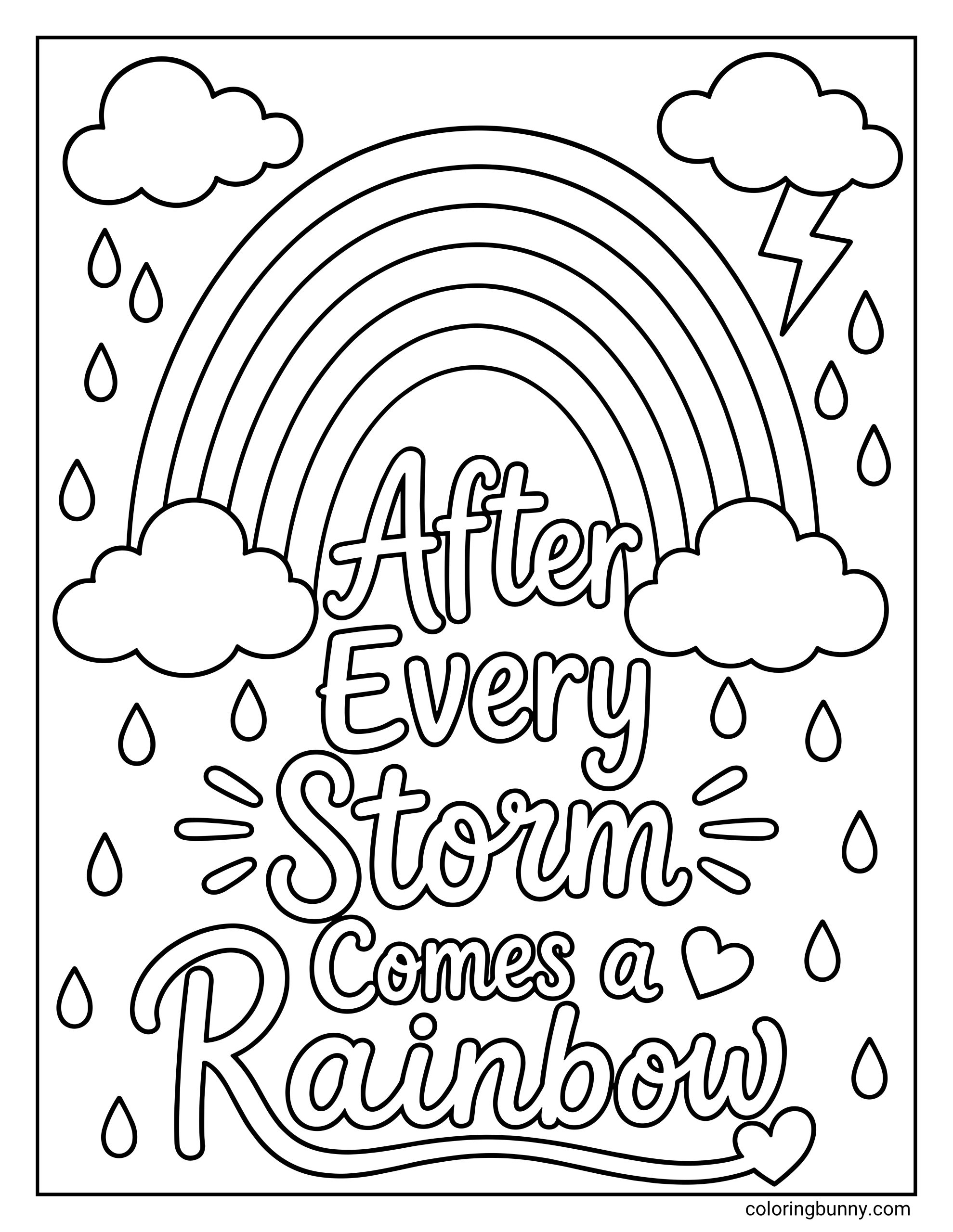 Rainbow coloring page with a large rainbow above the quote “After Every Storm Comes a Rainbow,” surrounded by clouds, raindrops, a lightning bolt, and small heart details.