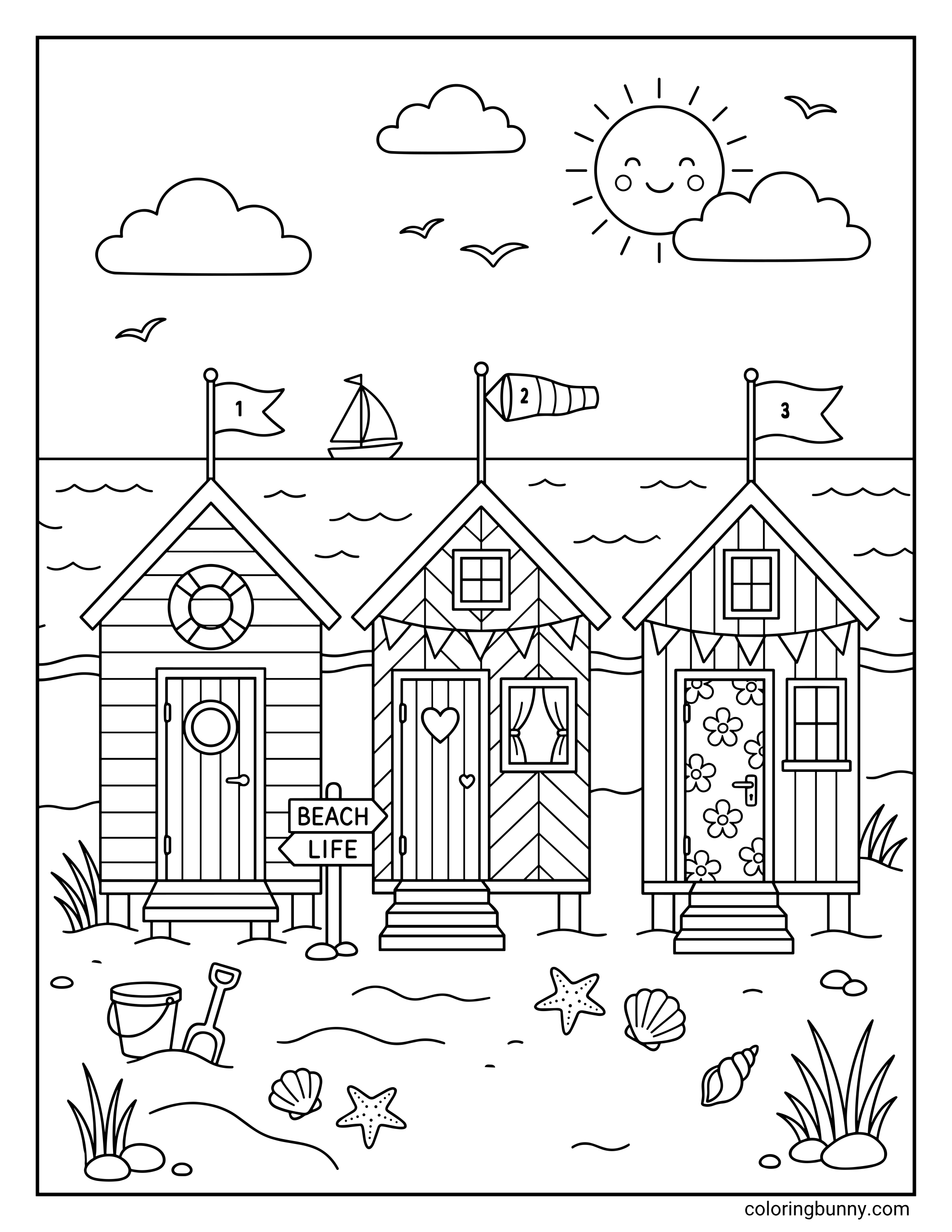 Beach coloring page depicting three wooden seaside huts featuring different designs like a life ring bunting and a floral door lined up on a sandy beach dotted with starfish and grass clumps with a distant sailboat sailing under a bright smiling sun accompanied by fluffy clouds and flying birds