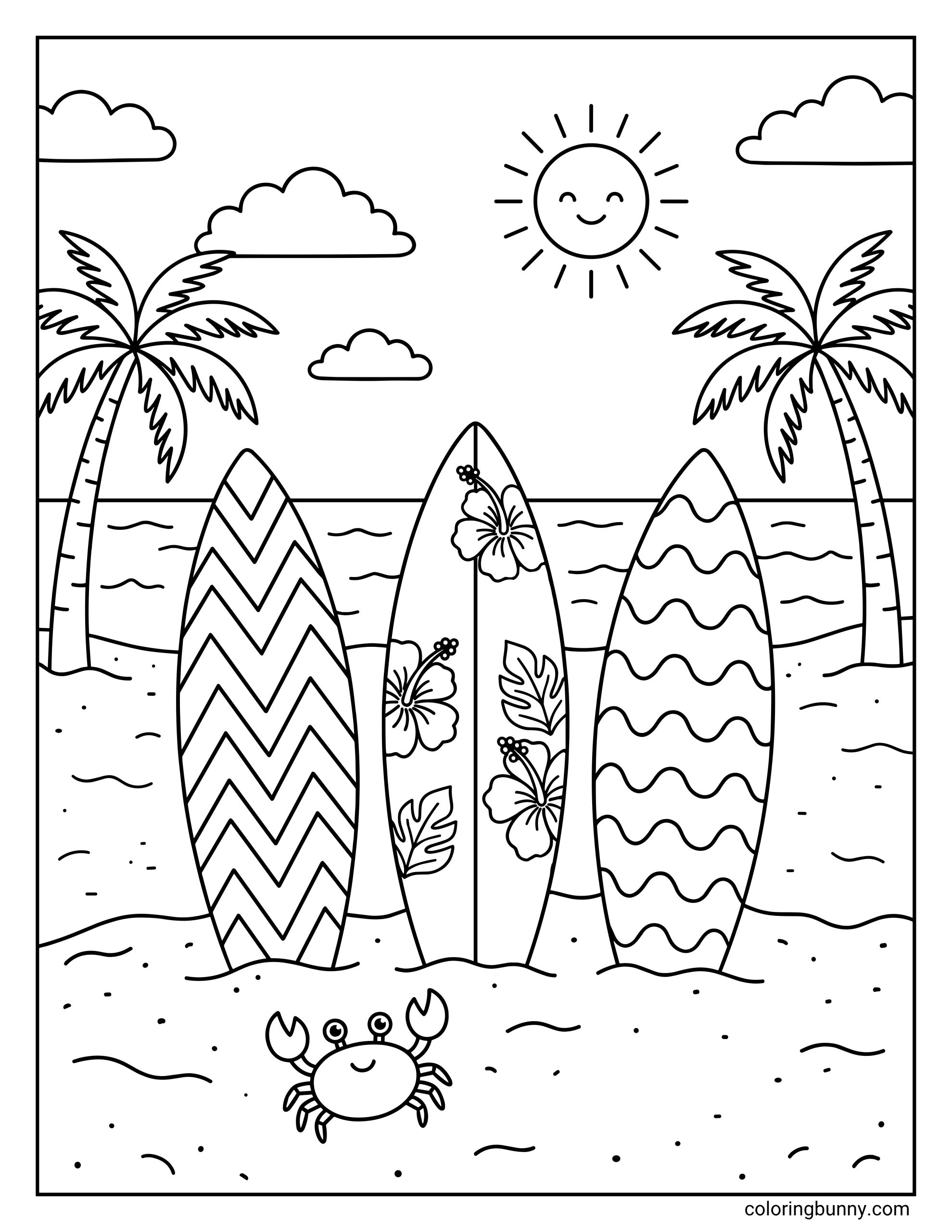 Beach coloring page with three surfboards standing upright in the sand near the shoreline. The background includes two palm trees, ocean waves, puffy clouds, and a smiling sun overhead. The surfboards each have their own fun pattern, making this coloring page feel bright, tropical, and full of summer energy.