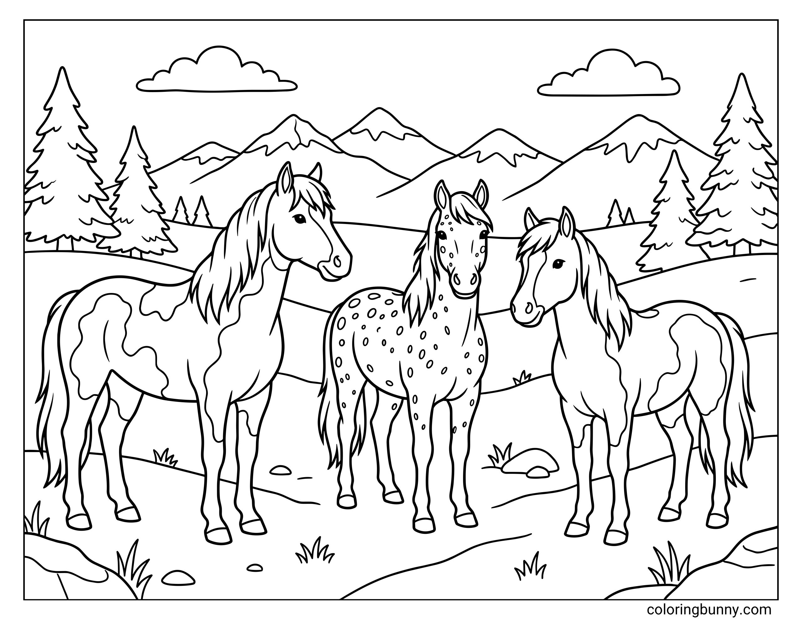 Coloring page of three wild horses in a wilderness scene, featuring varied coat patterns, flowing manes, grassy terrain, pine trees, hills, and mountains.