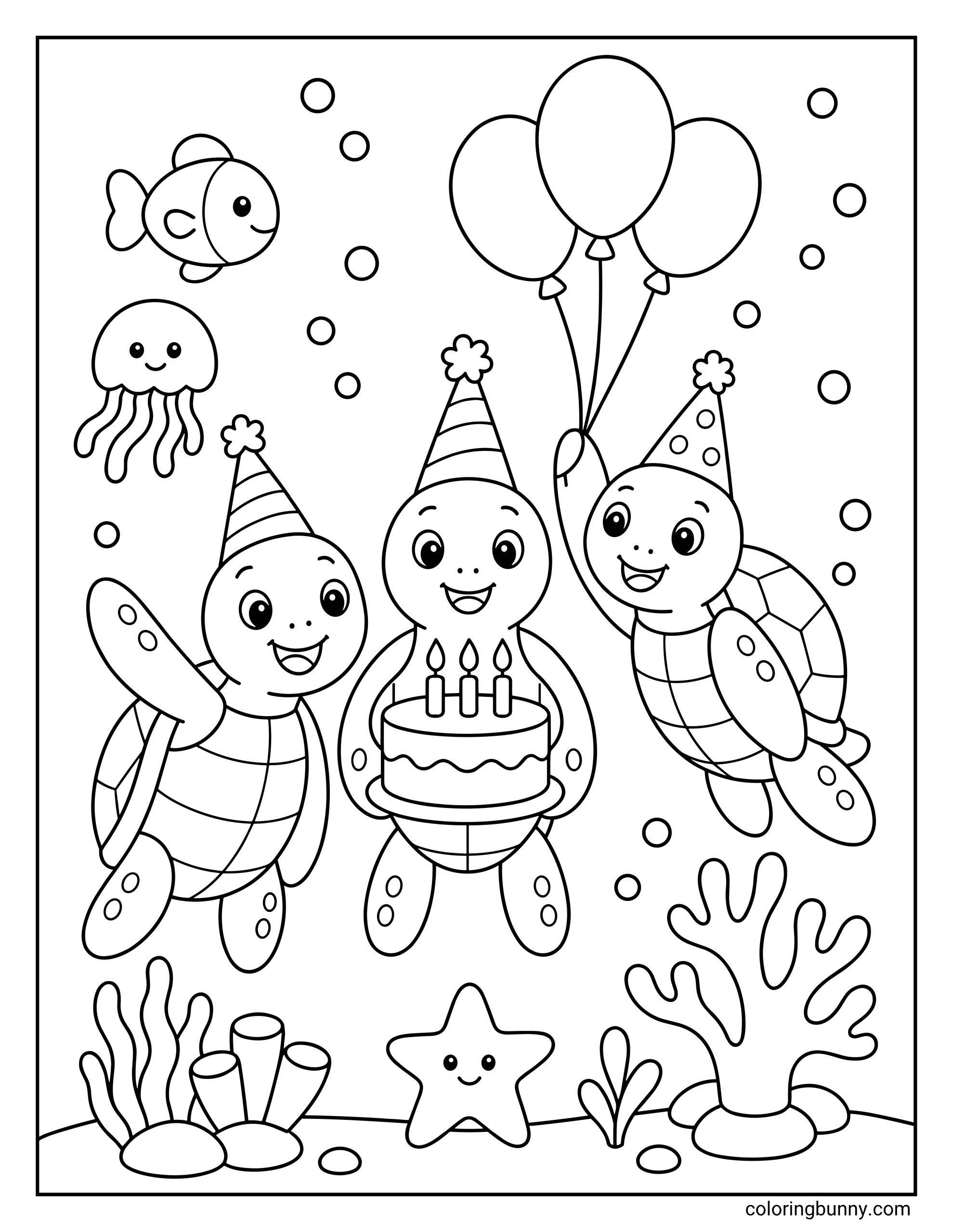 A cute coloring page of three turtles swimming underwater while celebrating a birthday. The scene features turtles in party hats, a birthday cake with candles, balloons, and several ocean friends like a jellyfish and starfish.