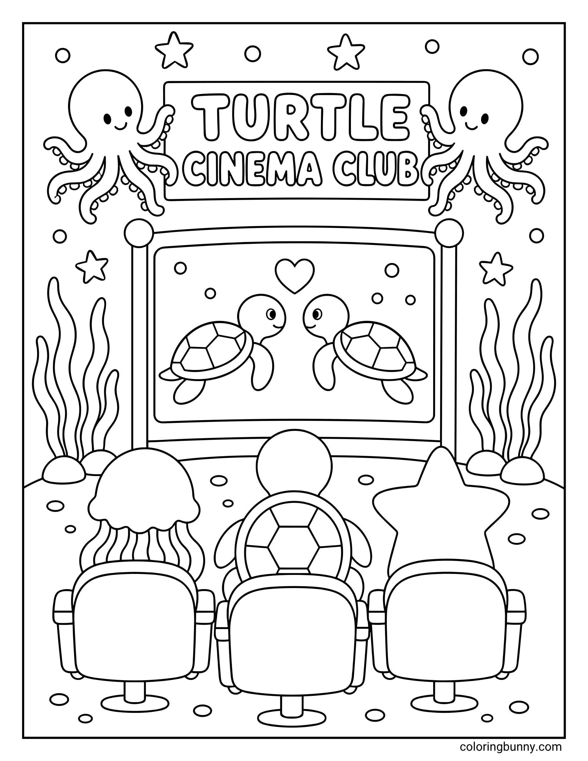 A coloring page of a turtle and friends watching a movie at the "Turtle Cinema Club." The scene features a jellyfish, a turtle, and a starfish sitting in theater seats, with two octopuses holding up the sign above a screen showing two turtles with a heart.