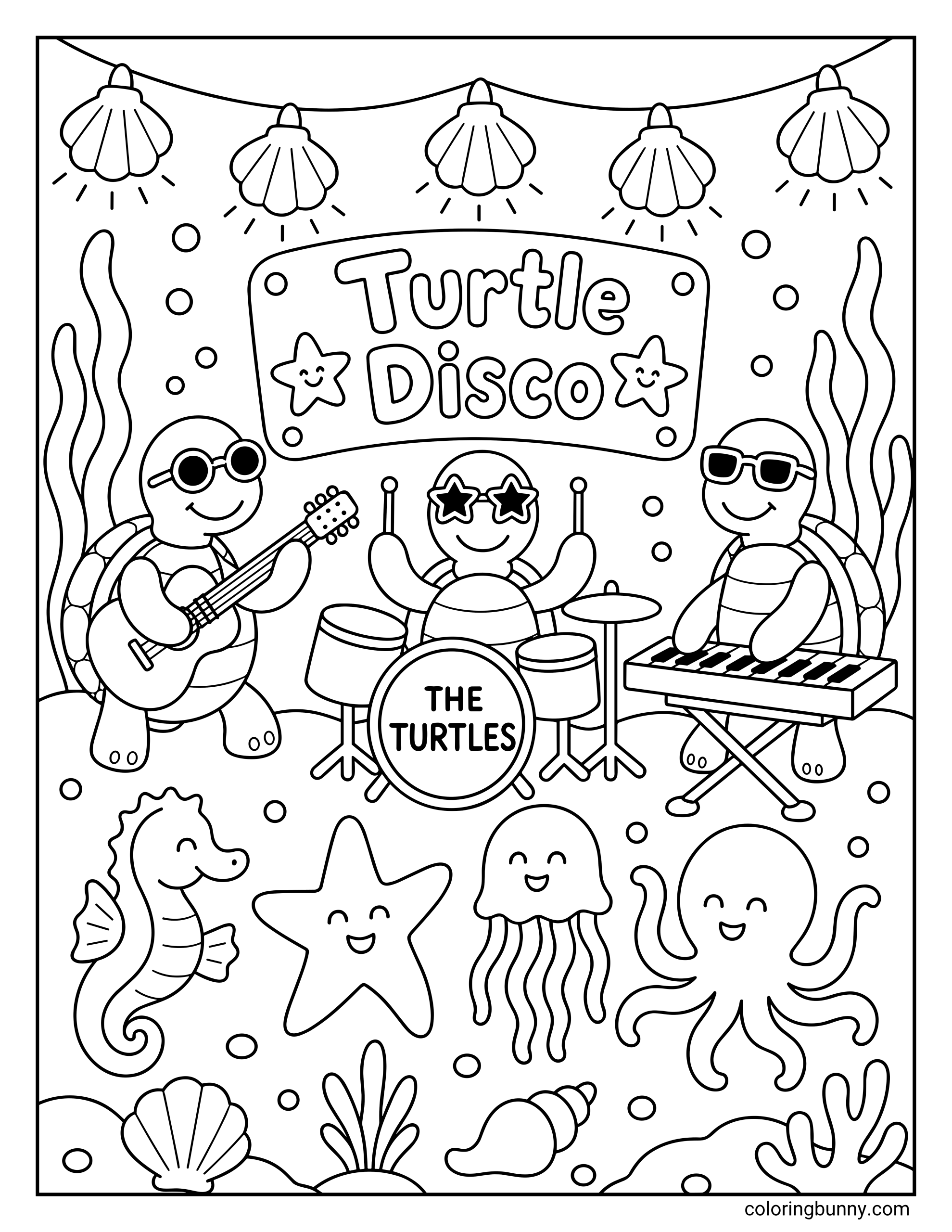 A cute coloring page of a turtle band performing underwater at a "Turtle Disco." The scene features three turtles playing a guitar, drums, and keyboard, while a seahorse, starfish, jellyfish, and octopus dance along under seashell party lights.