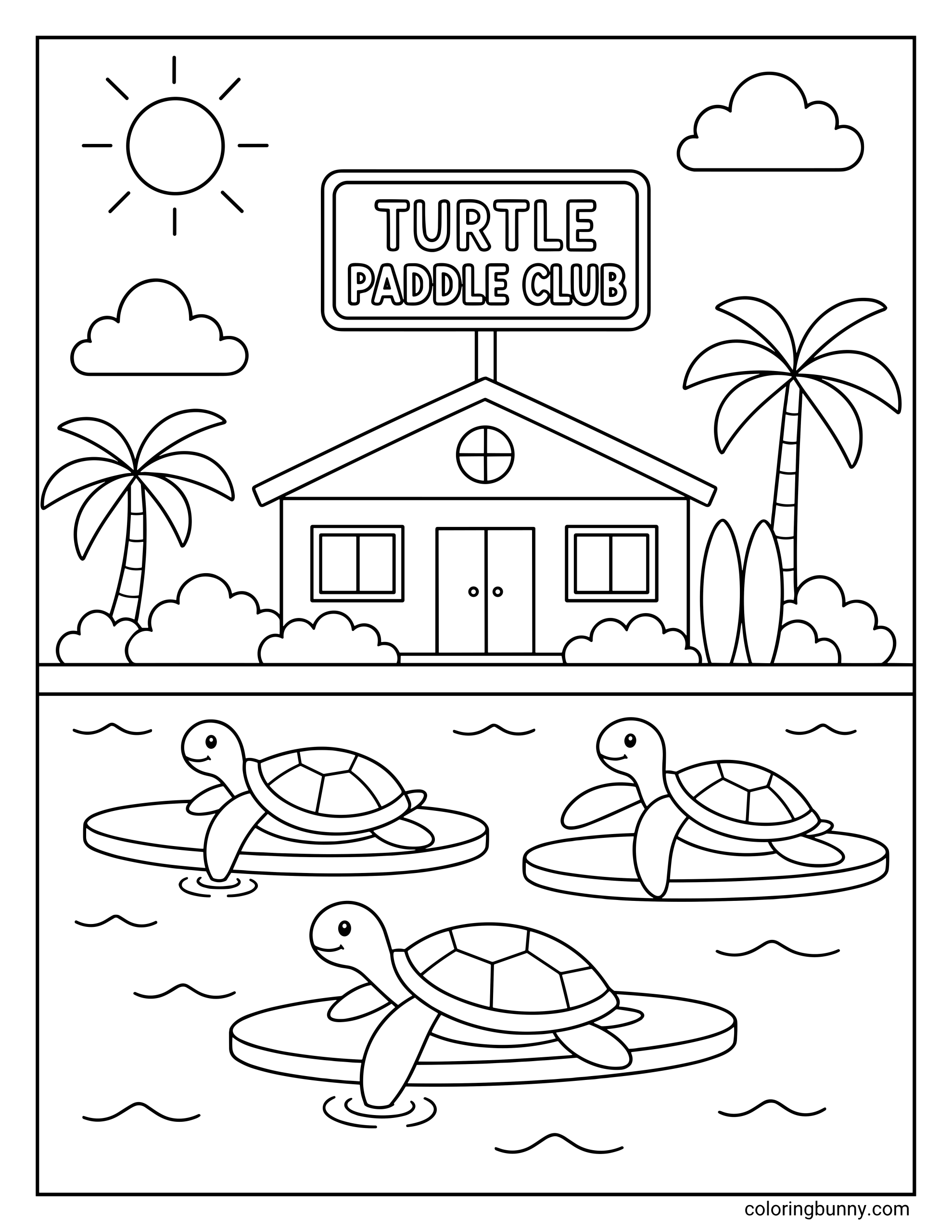 A coloring page featuring three happy turtles paddling on surfboards in the water. Behind them stands a "Turtle Paddle Club" beach house flanked by palm trees and a bright sun.
