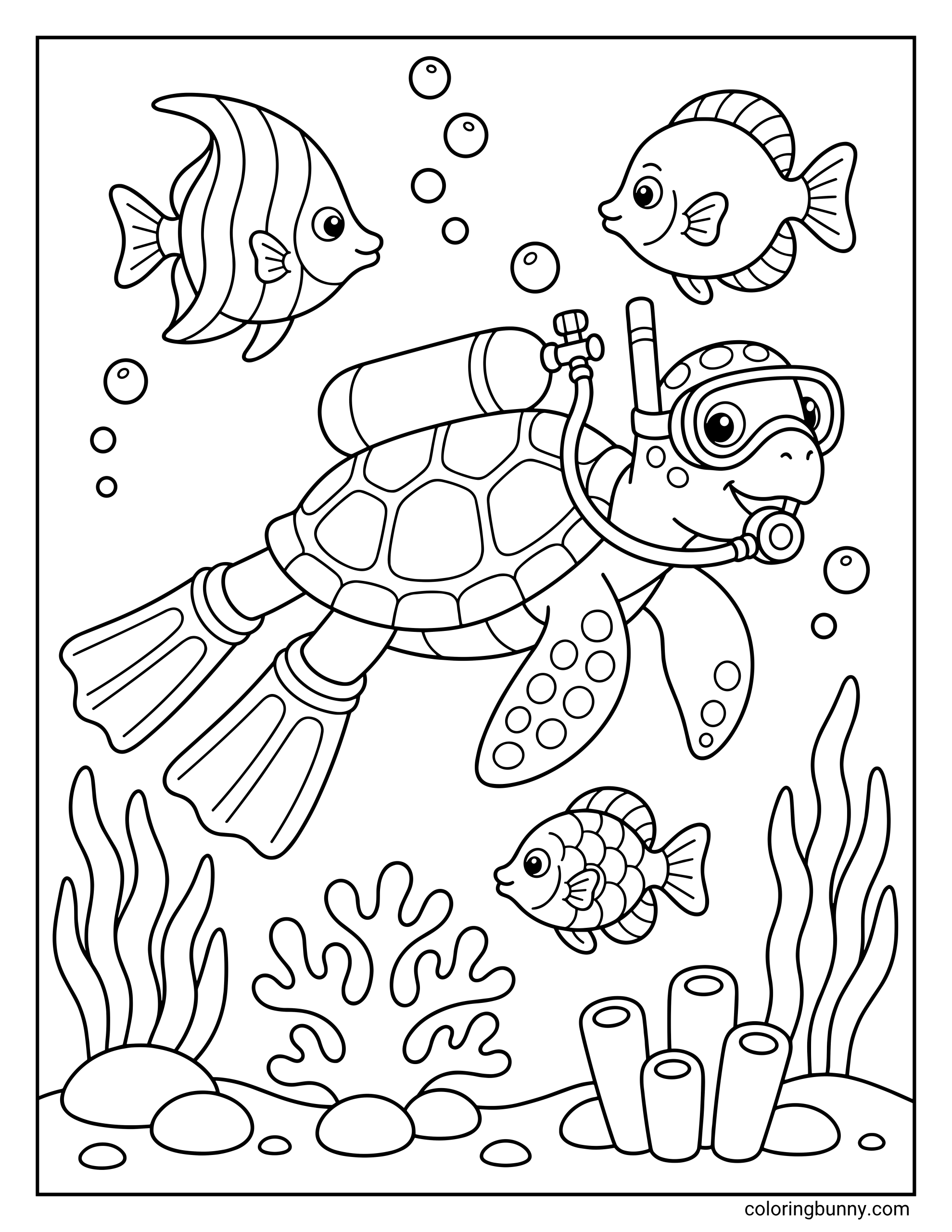 A fun coloring page of a turtle swimming underwater while wearing full scuba diving gear, including a mask, snorkel, oxygen tank, and flippers. The scene features three friendly fish swimming alongside the turtle above a seabed filled with coral, sea sponges, and tall seaweed.