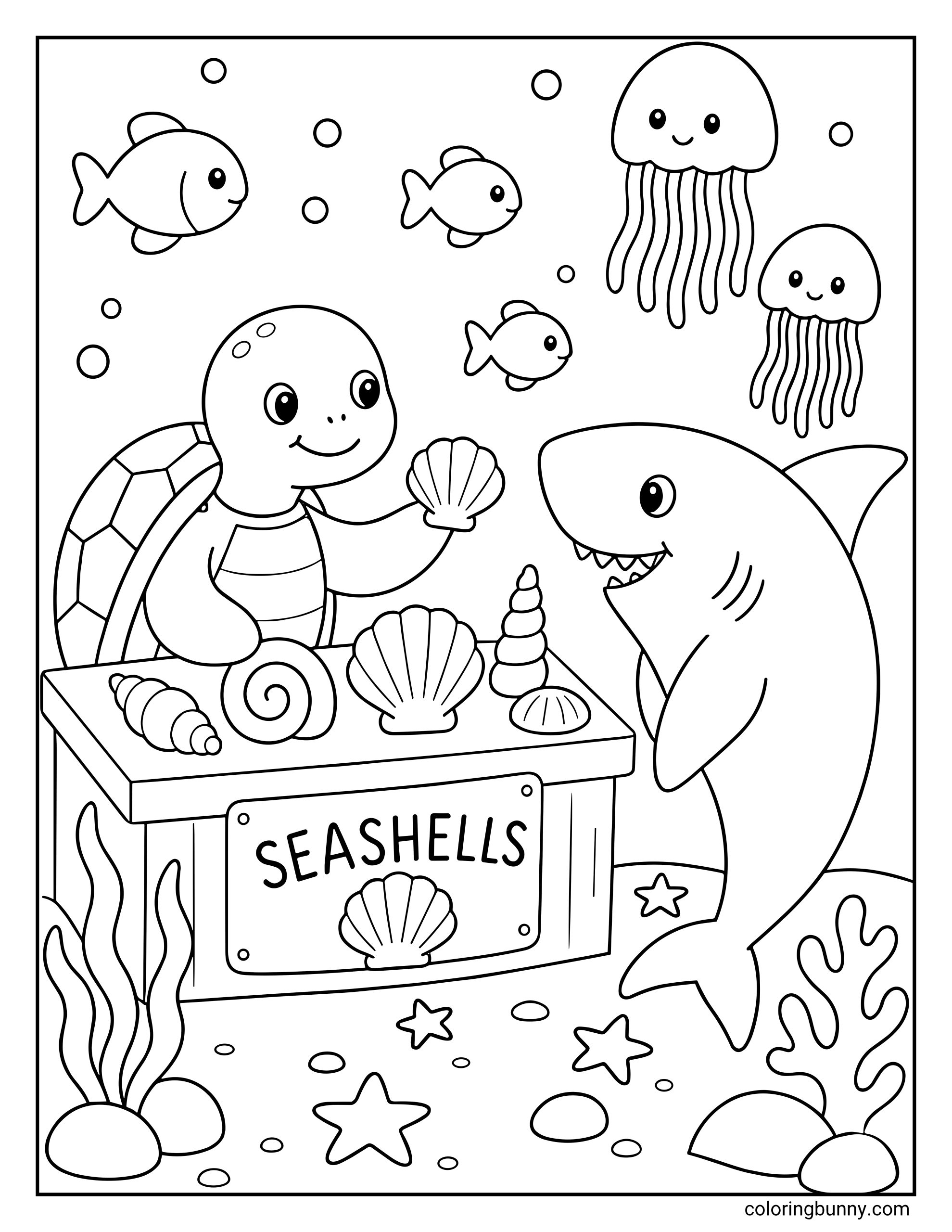 A coloring page featuring a cheerful turtle entrepreneur running a bustling underwater seashell shop while a friendly shark stops by to browse the latest treasures. The ocean floor is alive with magic, showcasing floating jellyfish, curious fish, and starfish relaxing on the sand.