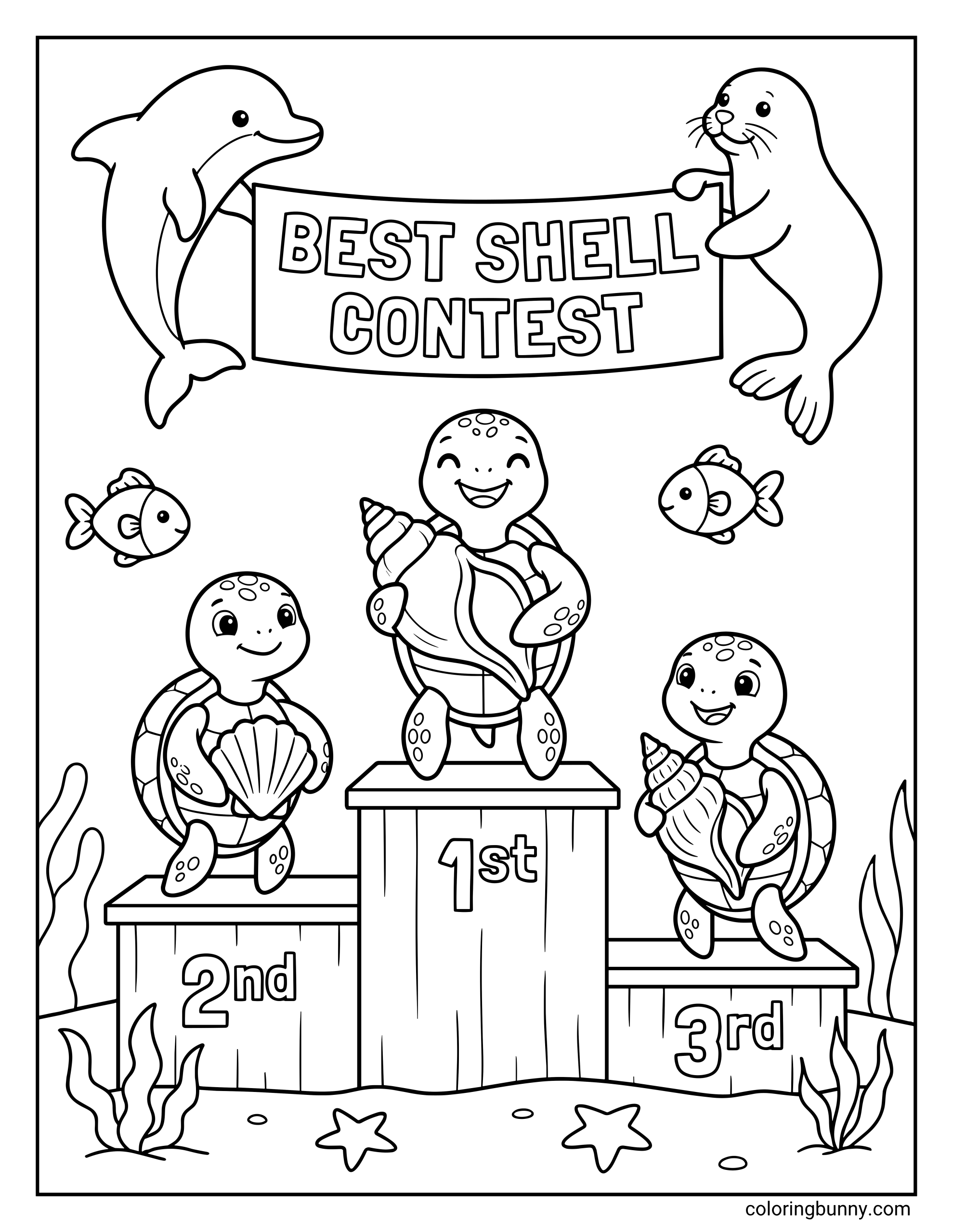 A cute coloring page of three turtles standing on a winner's podium for a "Best Shell Contest." The scene includes a dolphin and a seal holding a banner, several small fish, and starfish on the sandy ocean floor.