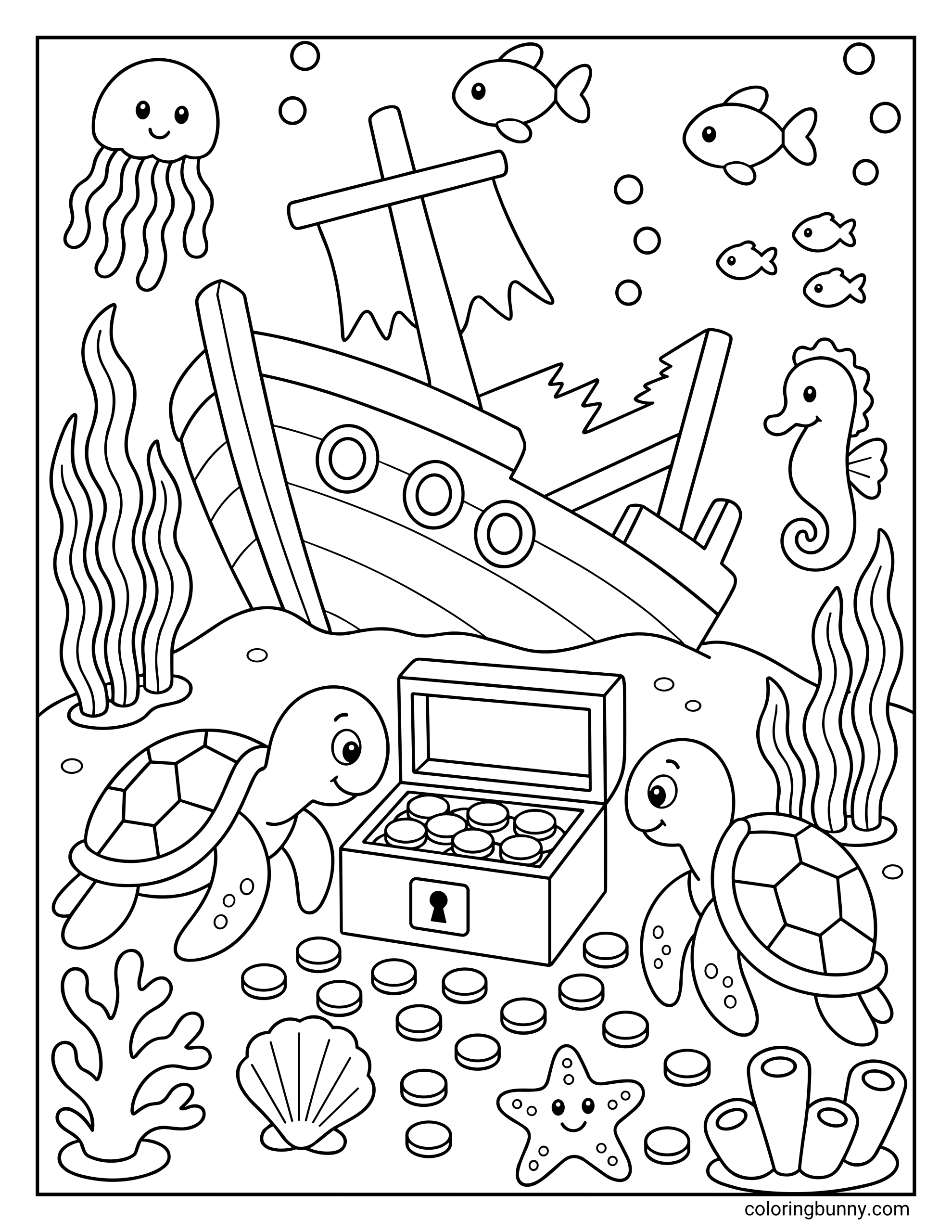 A coloring page of two turtles swimming underwater while discovering a sunken treasure chest overflowing with coins. The scene features a large shipwreck in the background, a jellyfish, a seahorse, and various sea life including a starfish and coral.