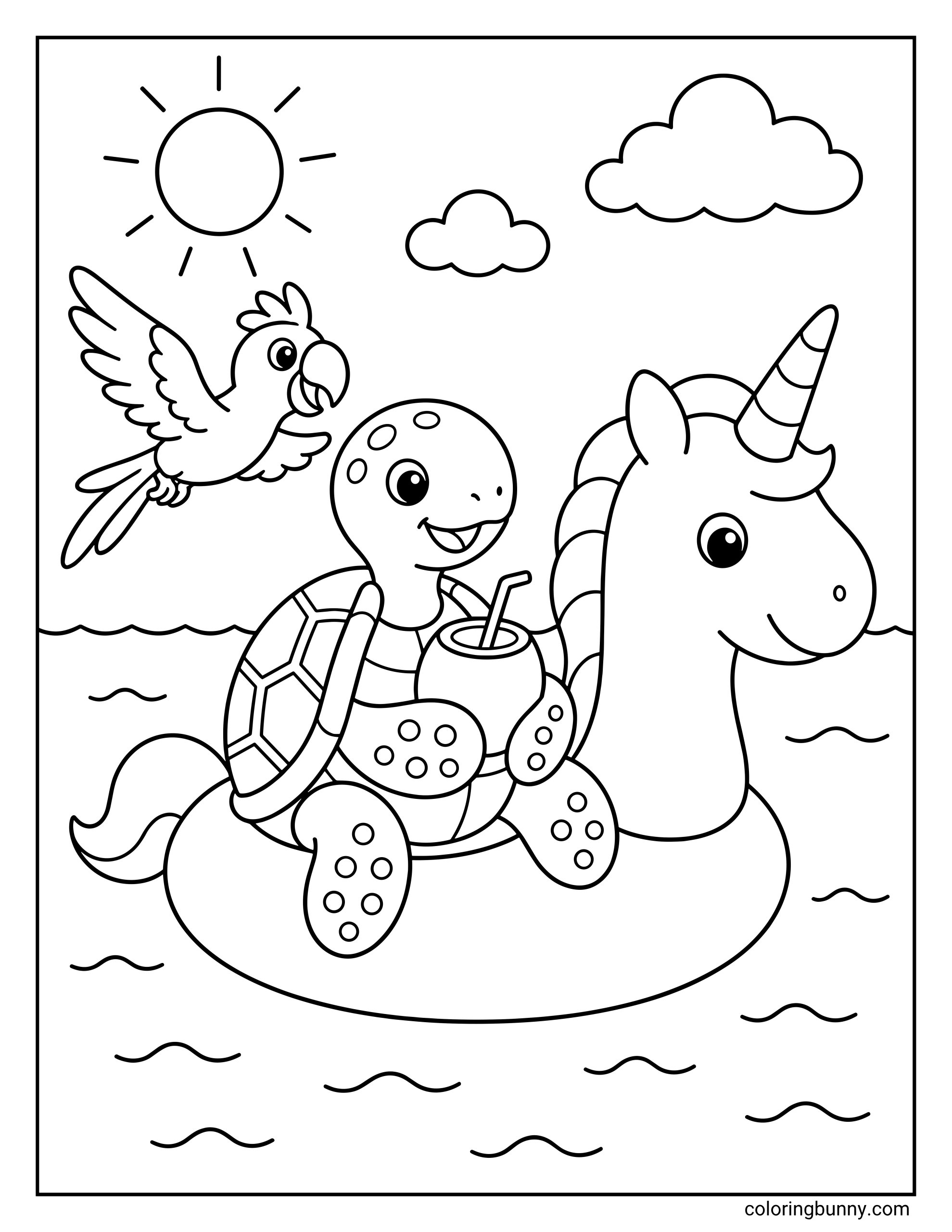 A coloring page of a turtle riding on a magical unicorn floatie and sipping a tropical drink through a straw on the sea. A friendly parrot flies alongside them under a bright sun and fluffy clouds in this cheerful seaside scene.