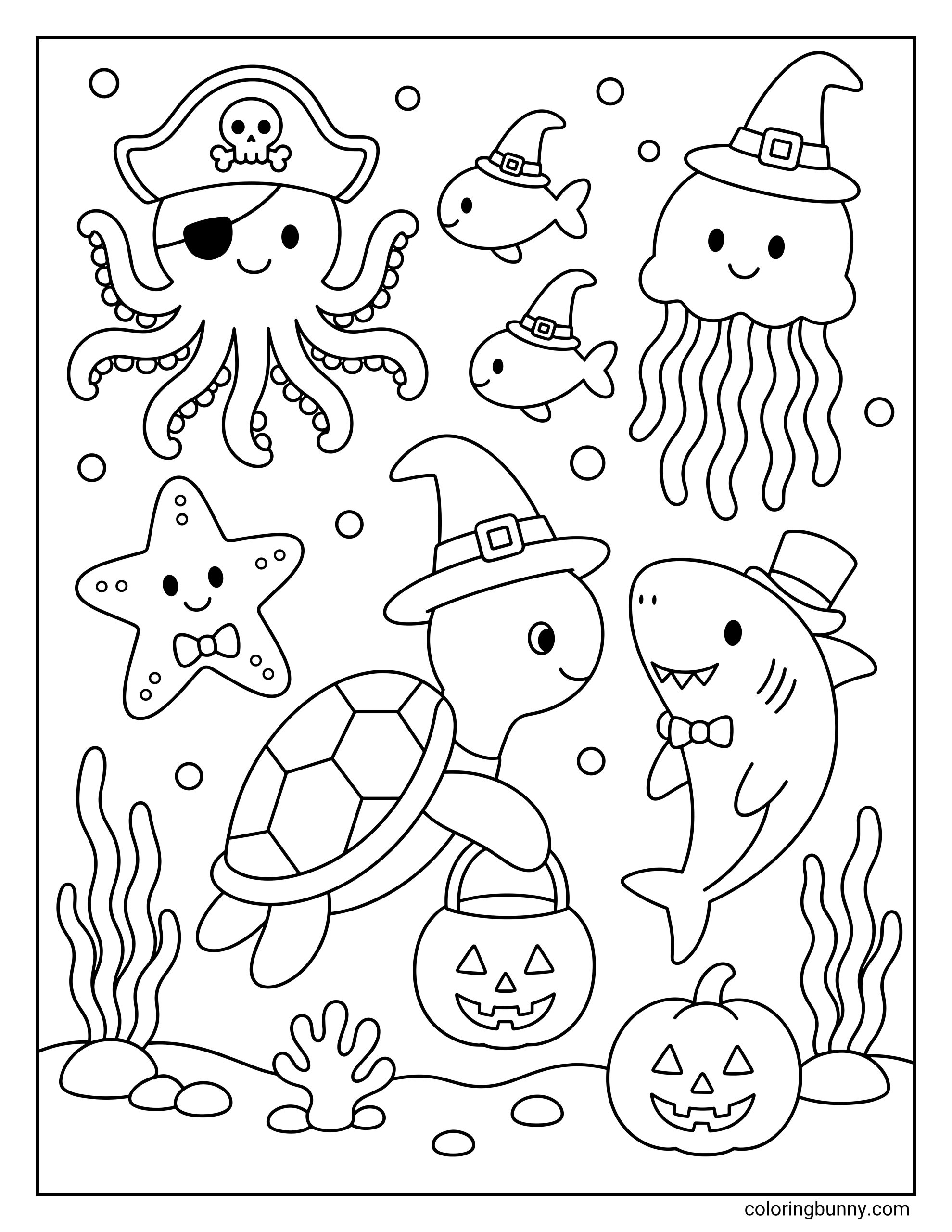 A Halloween turtle coloring page with a turtle swimming underwater while dressed in a witch hat and carrying a jack-o'-lantern bucket for treats. The scene includes a pirate octopus, a shark in a top hat, a jellyfish in a witch hat, and several other festive sea friends.