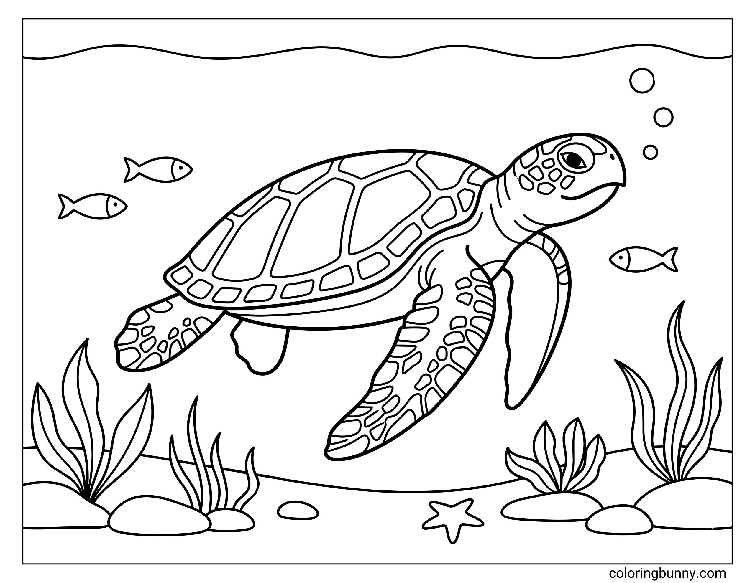 A realistic coloring page of a detailed turtle swimming underwater while gliding past a coral reef. The scene features several small fish, rising bubbles, and a variety of aquatic plants like seaweed and sea sponges.