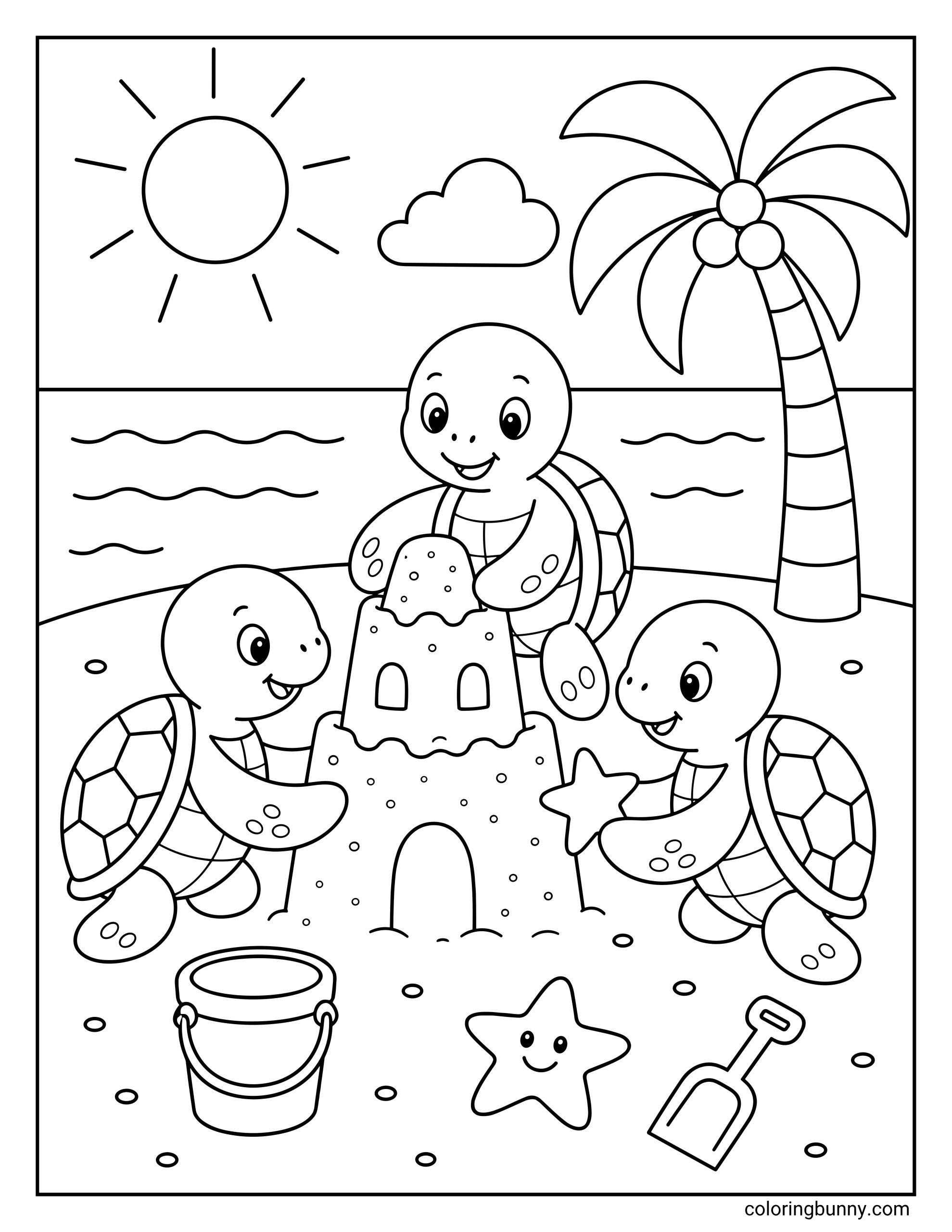 A cute coloring page of three turtles on a beach while building a tall sandcastle together. The sunny coastal scene features a palm tree, a bucket and spade, and a friendly starfish resting on the sand.