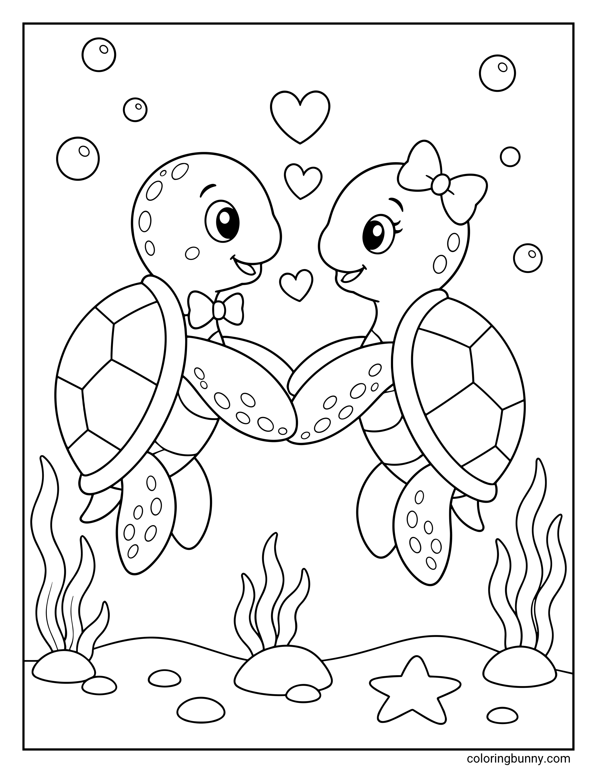 A turtle coloring page of a turtle couple swimming underwater while holding flippers and surrounded by floating hearts. The scene features one turtle wearing a bow tie and the other wearing a hair bow, gliding above a sandy ocean floor with seaweed and a starfish.