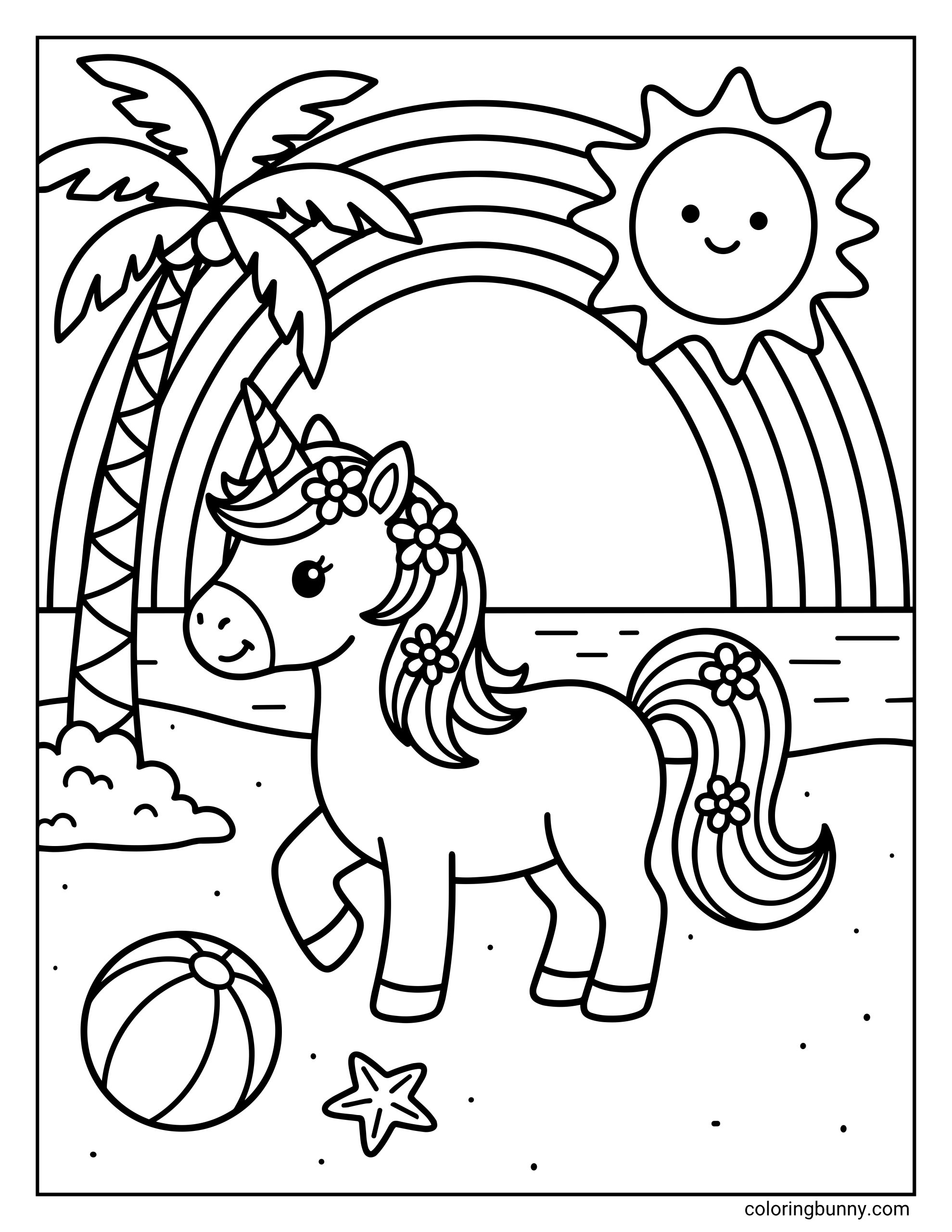 Easy Summer beach coloring page depicting a lovely unicorn wearing flowers in its hair visiting a tropical island scene featuring a beach ball and starfish on the sand next to a palm tree with a large rainbow spanning over the sea water and a happy sun face