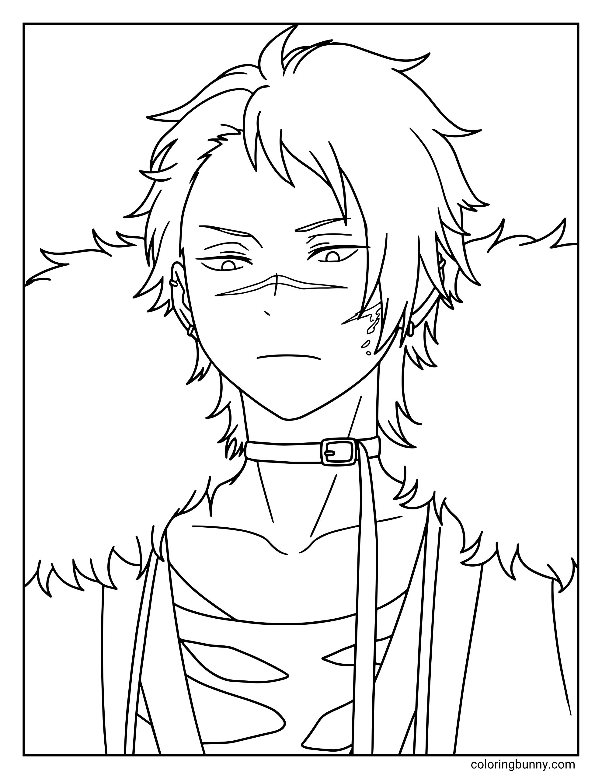 A coloring page of Wirbel from Frieren: Beyond Journey's End portraying the stoic mage with his sharp, spiky hair and a notable scar across his nose.