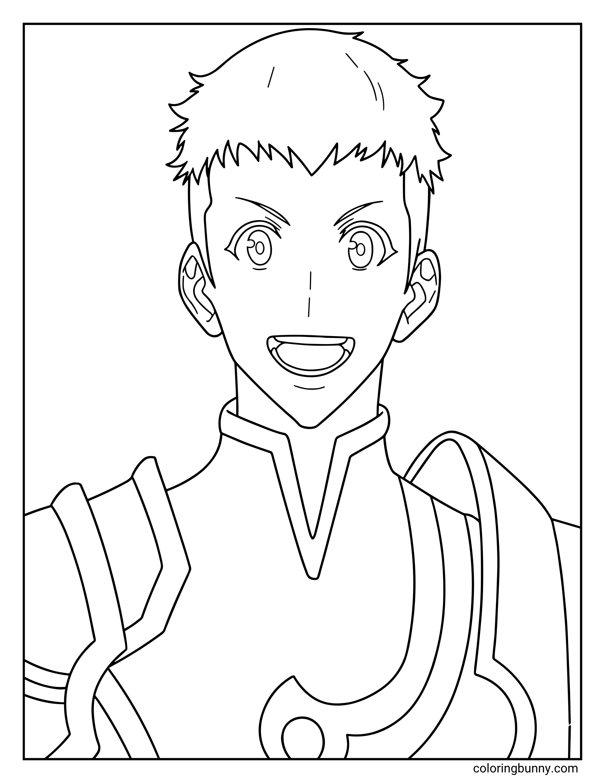 A coloring page of Yoo Jinho from the Solo Leveling anime, capturing his cheerful and enthusiastic personality in his signature D-Rank armor. This design highlights his short, spiky hair and wide-eyed, optimistic expression.