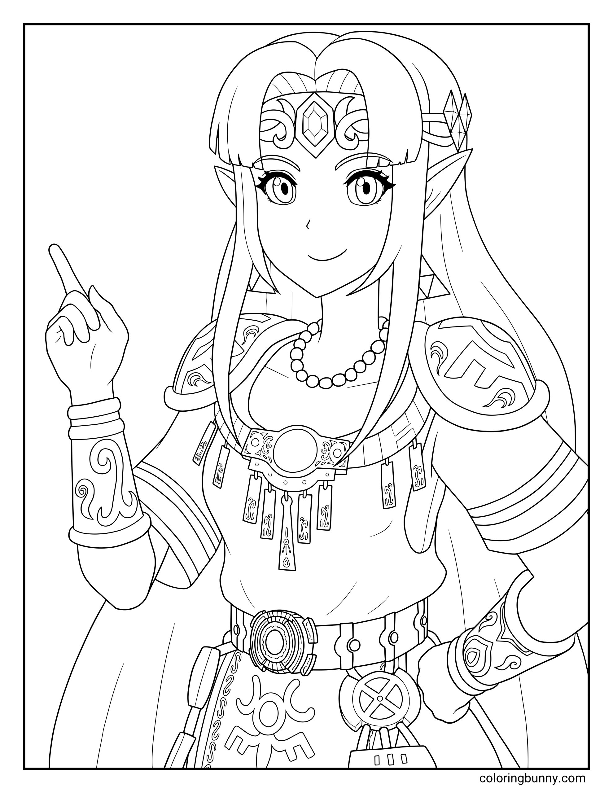 Princess Zelda Coloring Page showing the princess with a decorated belt, engraved gauntlets, shoulder armor plates, and a patterned tunic.