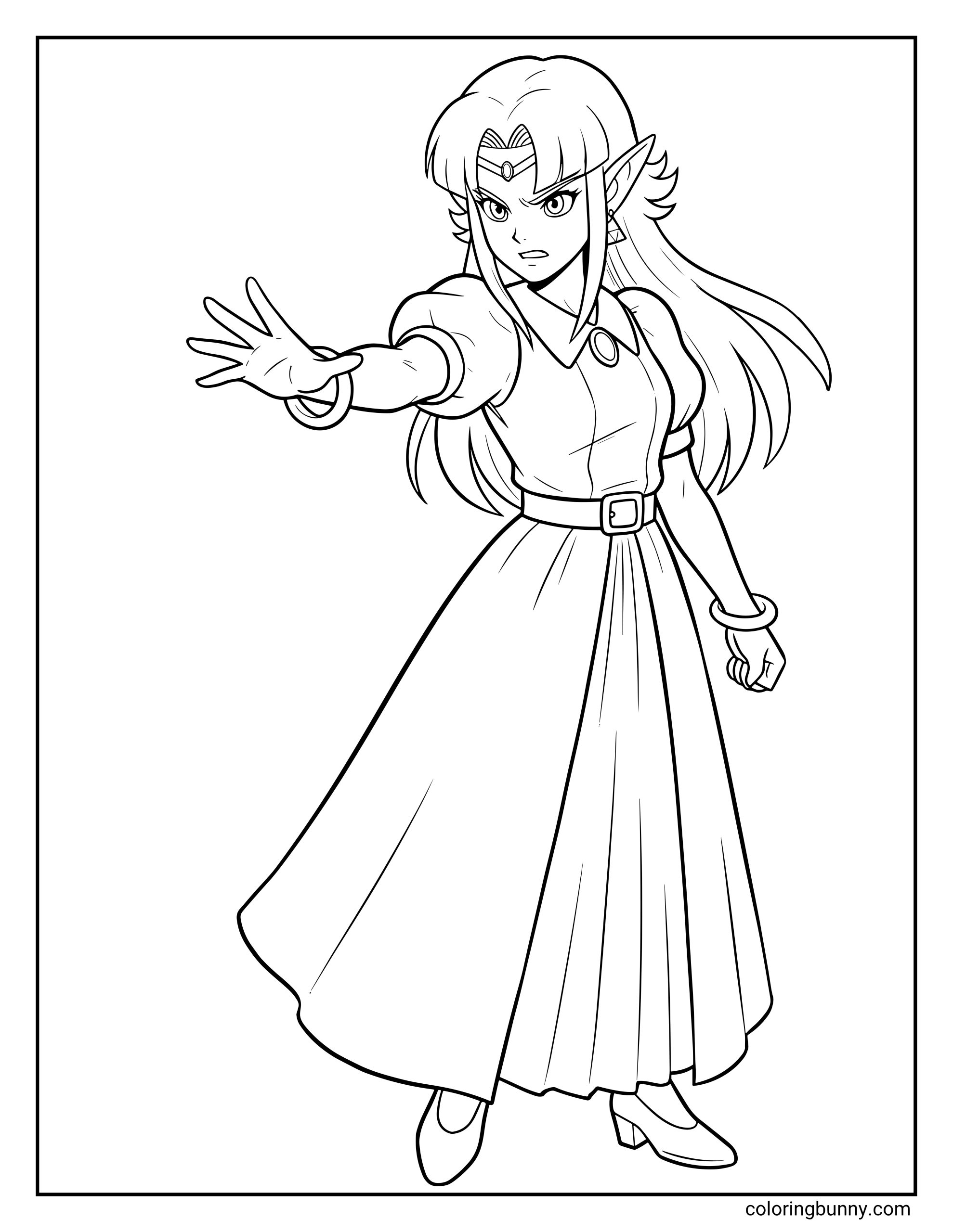 Coloring page of Princess Zelda looking fierce with her arm extended, fist clenched, long gown, pointed ears, royal headpiece, and determined expression.