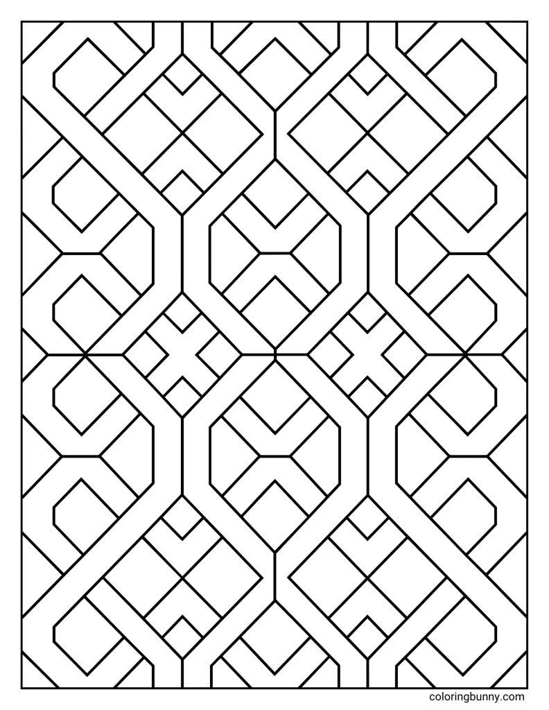 Angular lattice geometric pattern coloring page featuring thick interlocking diagonal bands, repeating diamond shapes, and symmetrical angular sections arranged in a structured tiled layout.