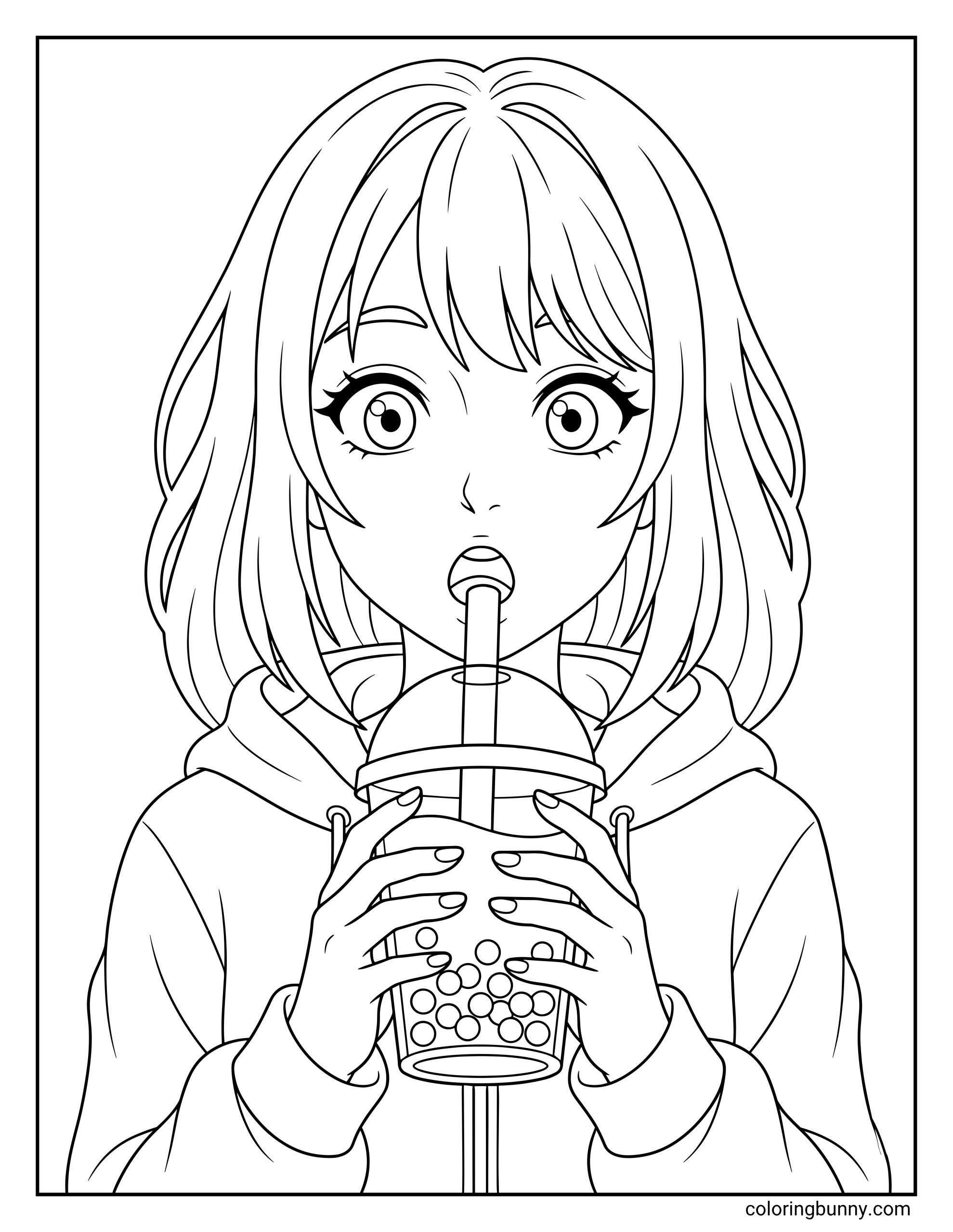 Anime girl boba tea coloring page featuring a wide-eyed manga-style girl in a hoodie holding a bubble tea with both hands and sipping through a large straw, with visible tapioca pearls in the cup.
