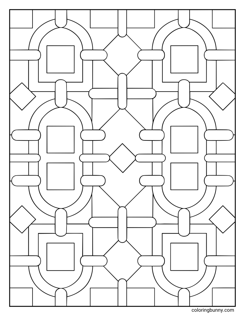 Decorative arch tile pattern coloring page featuring repeating rounded arch shapes, square blocks, diamond accents, and short rounded bars arranged in a symmetrical geometric layout.