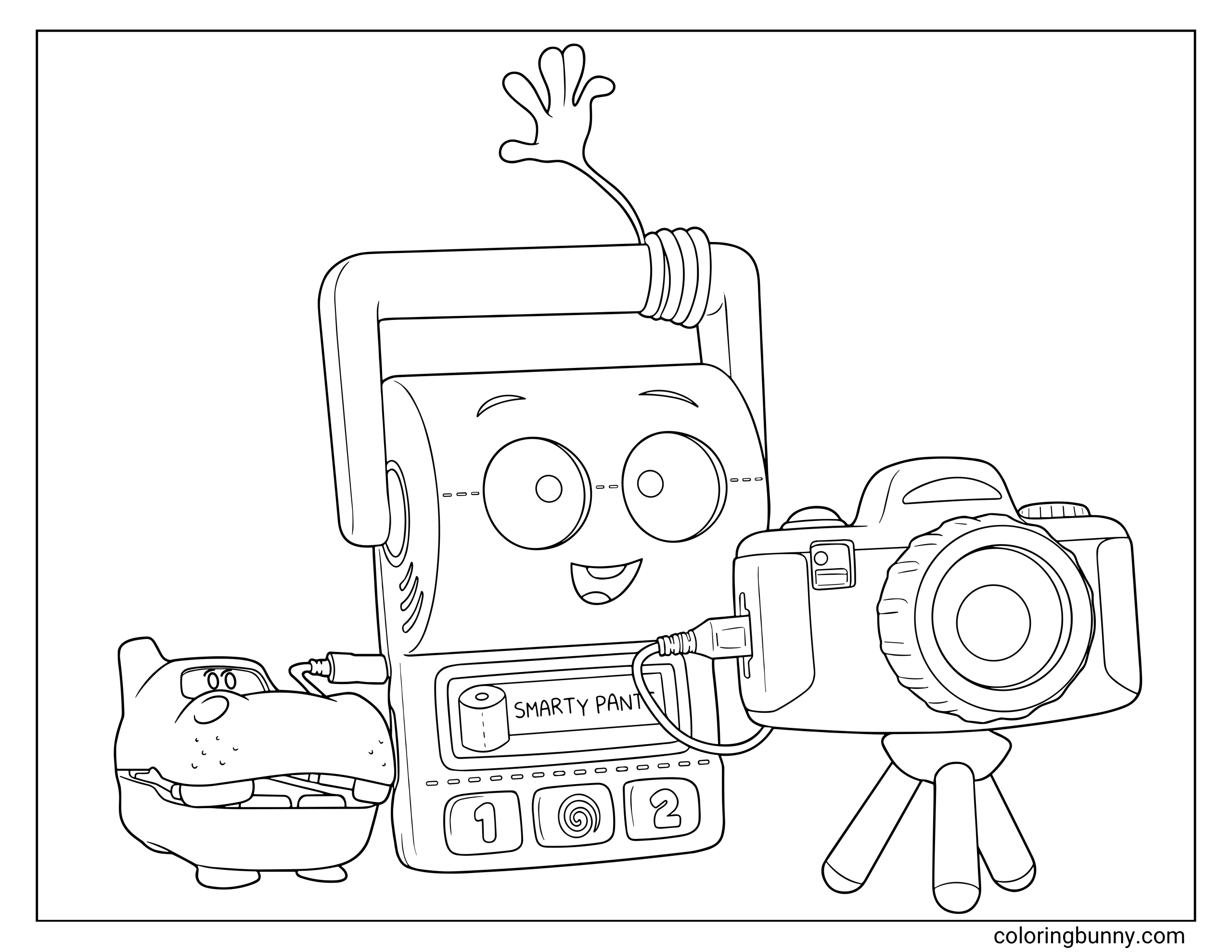 Atlas, Smarty Pants, and Snappy Toy Story 5 coloring page featuring the three toy characters together, with Atlas on the left, Smarty Pants in the center with a handle and screen, and Snappy the camera toy on the right.