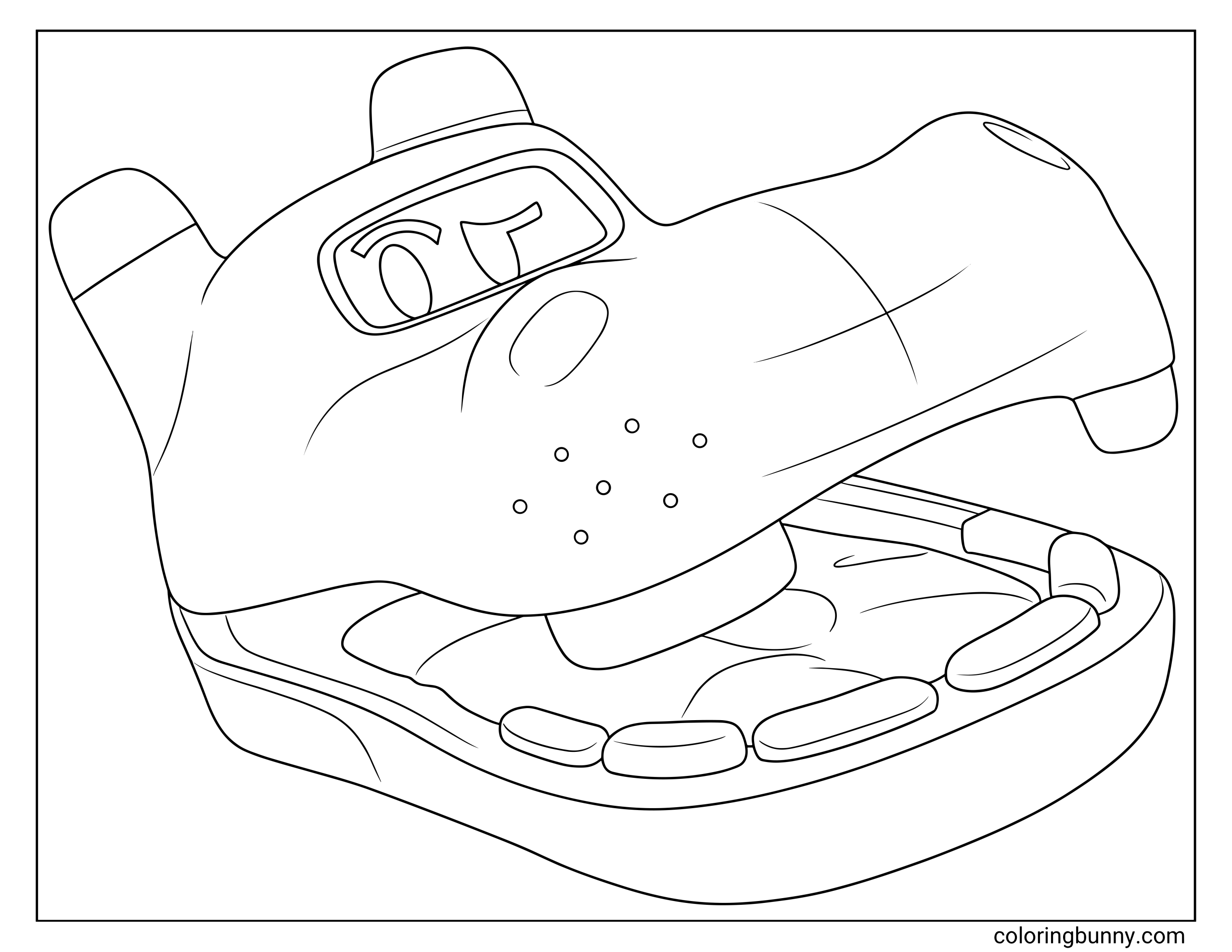 Coloring page of Atlas from Toy Story 5 showing a close-up of a shoe-shaped character with a smiling open mouth, relaxed eyes, soft sneaker contours, small dotted markings, and a clean background.