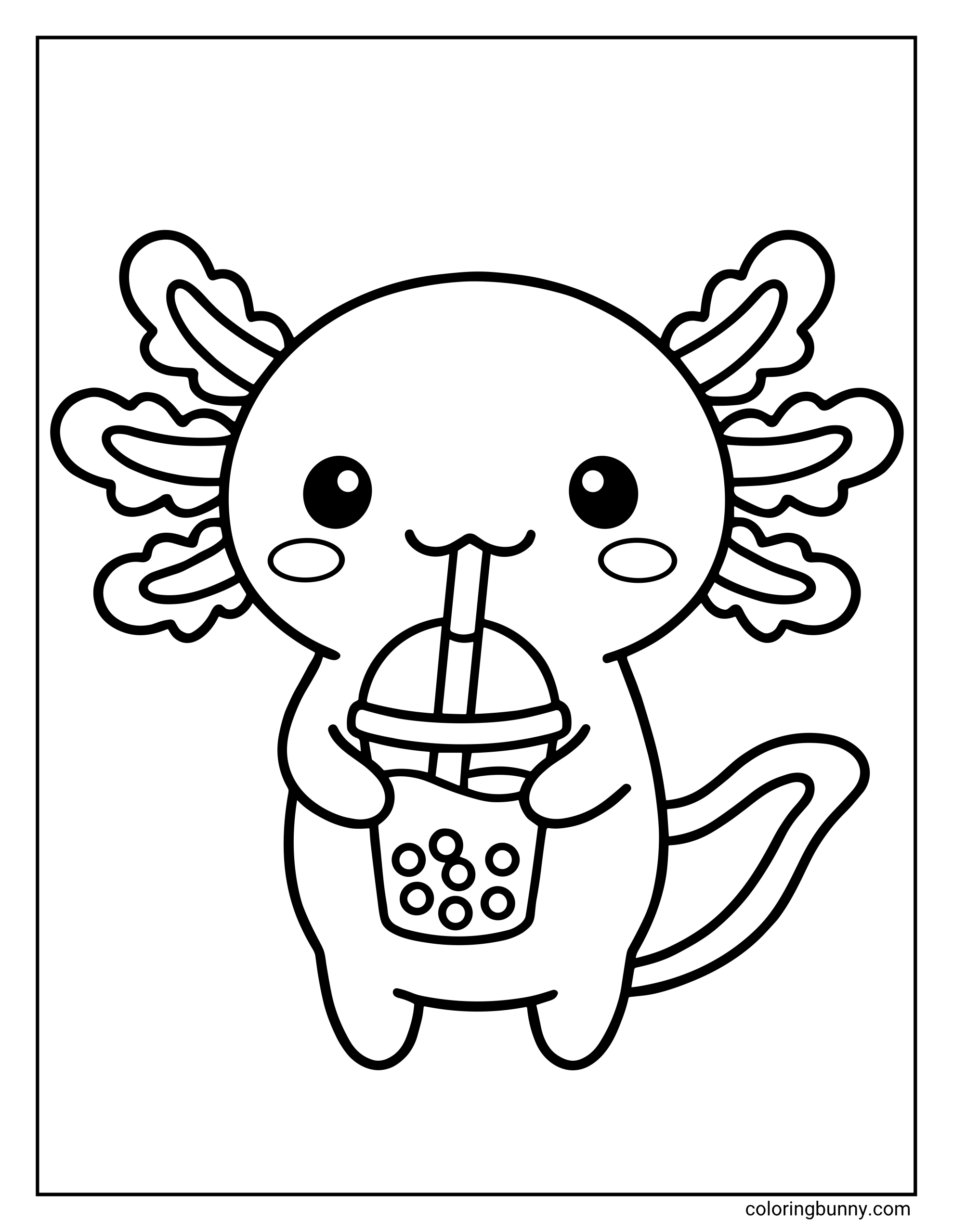 Boba tea coloring page featuring a cute cartoon axolotl with a wide happy smile and frilly external gills standing up while tightly holding a clear plastic dome-lid cup filled with round tapioca pearls.
