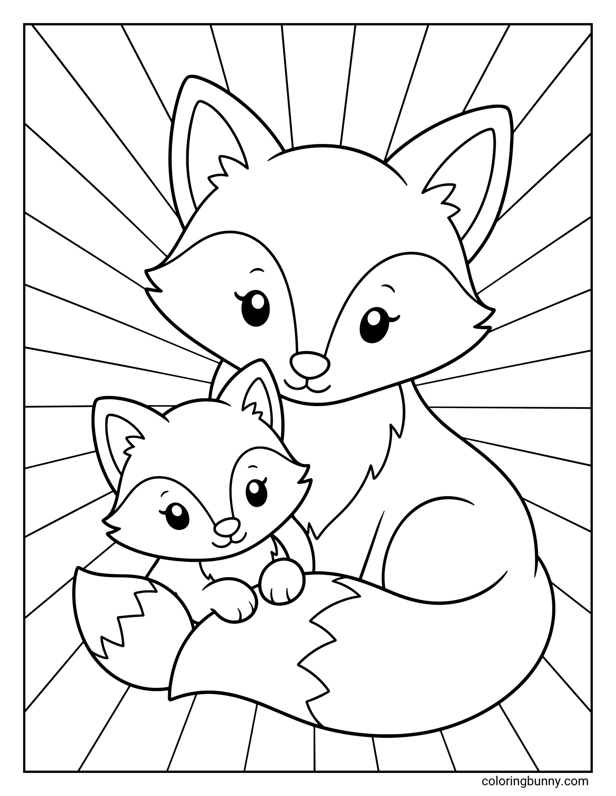 A coloring page showing a loving mother fox sitting down and cuddling her cute baby kit in her fluffy tail against a background of large sunburst rays.