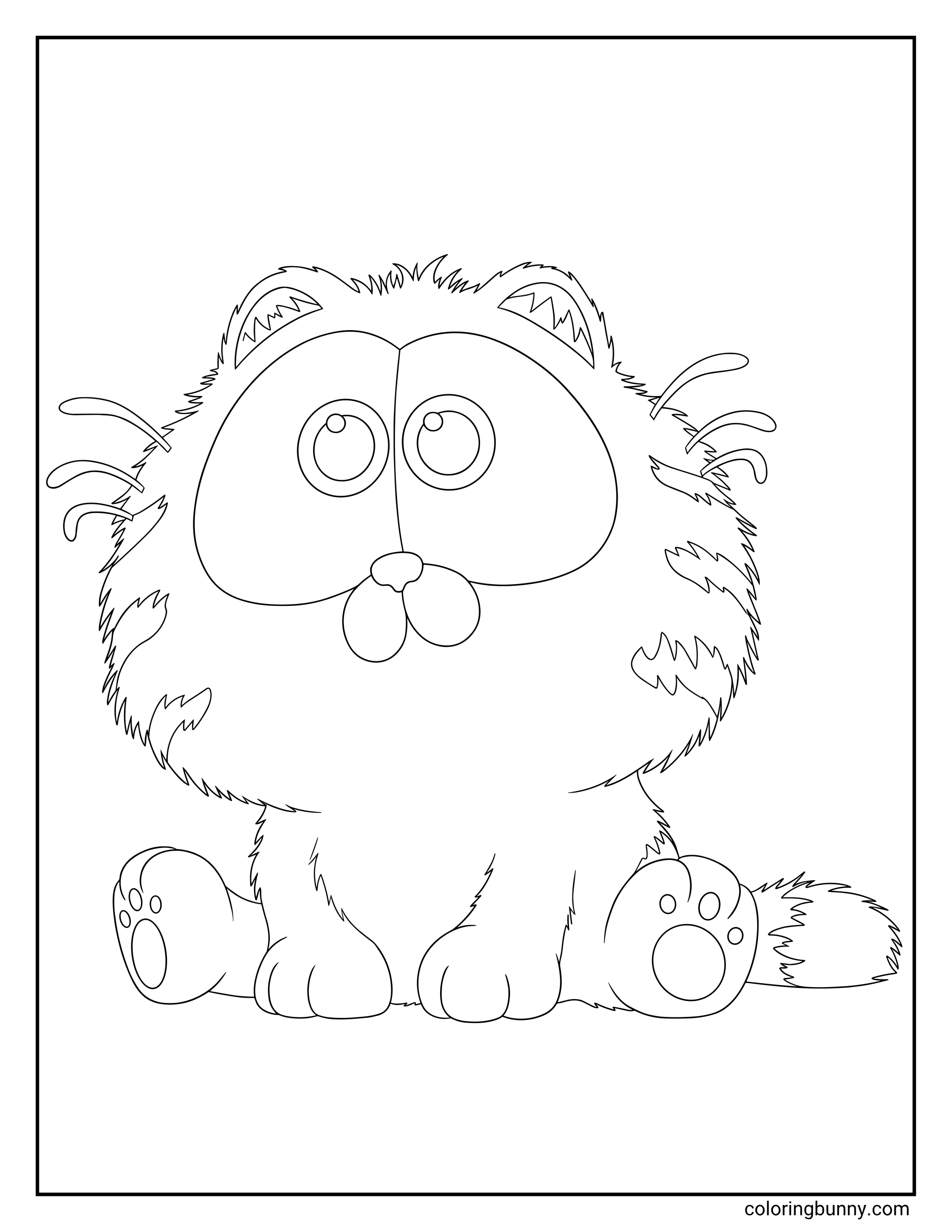 Garfield coloring page featuring baby Garfield sitting with wide shiny eyes, fluffy fur, small paws, round cheeks, whiskers, big ears, paw pads, and a little striped tail.
